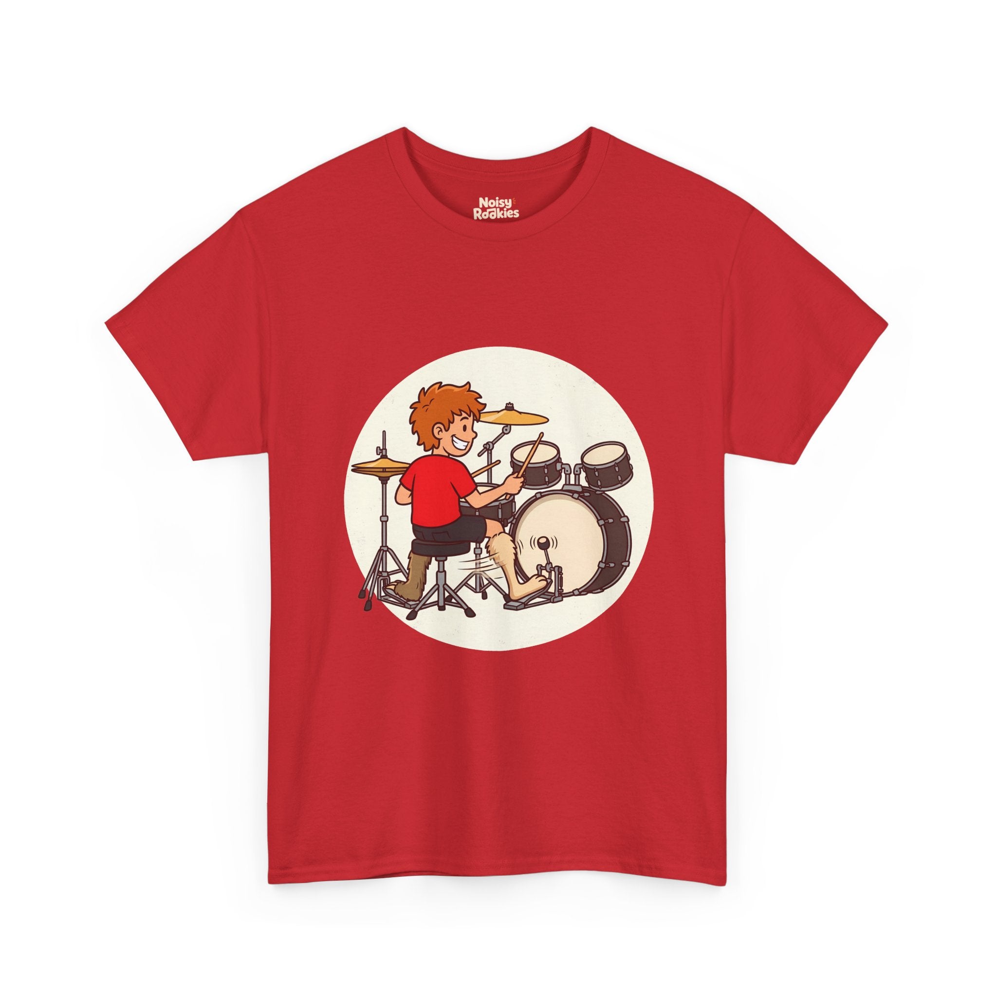 Cartoon of a grinning beginner drummer at a kit, seen from behind, with two mismatched furry animal legs, one fast rabbit foot on the bass pedal and one slow sloth foot on the hi-hat.