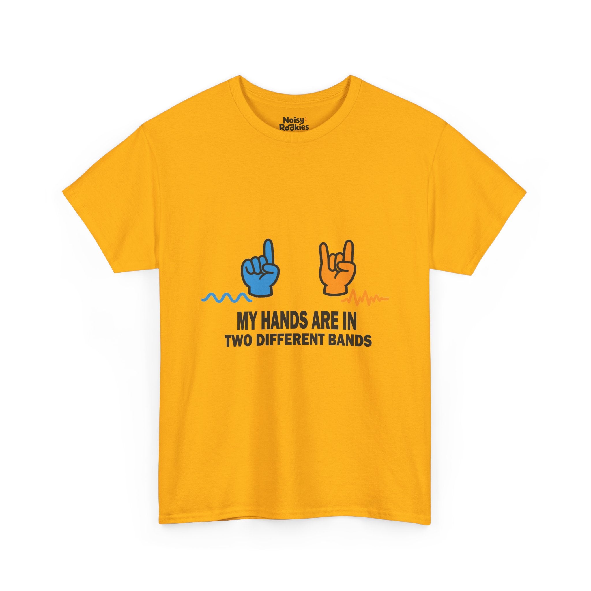 Dark-ink t-shirt design of two hands making different gestures over two different sound waveforms, above the words My Hands Are in Two Different Bands.