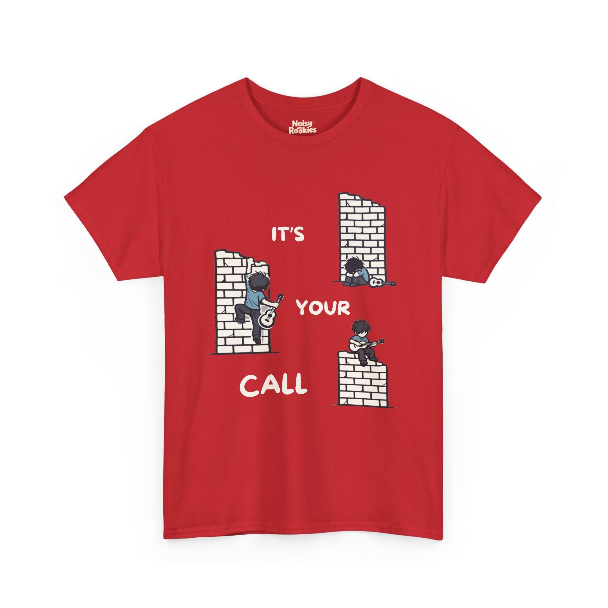Cartoon scene on a dark tee: three small guitarists at a brick wall (one slumped, one climbing, one playing on top) with white "IT'S YOUR CALL" lettering