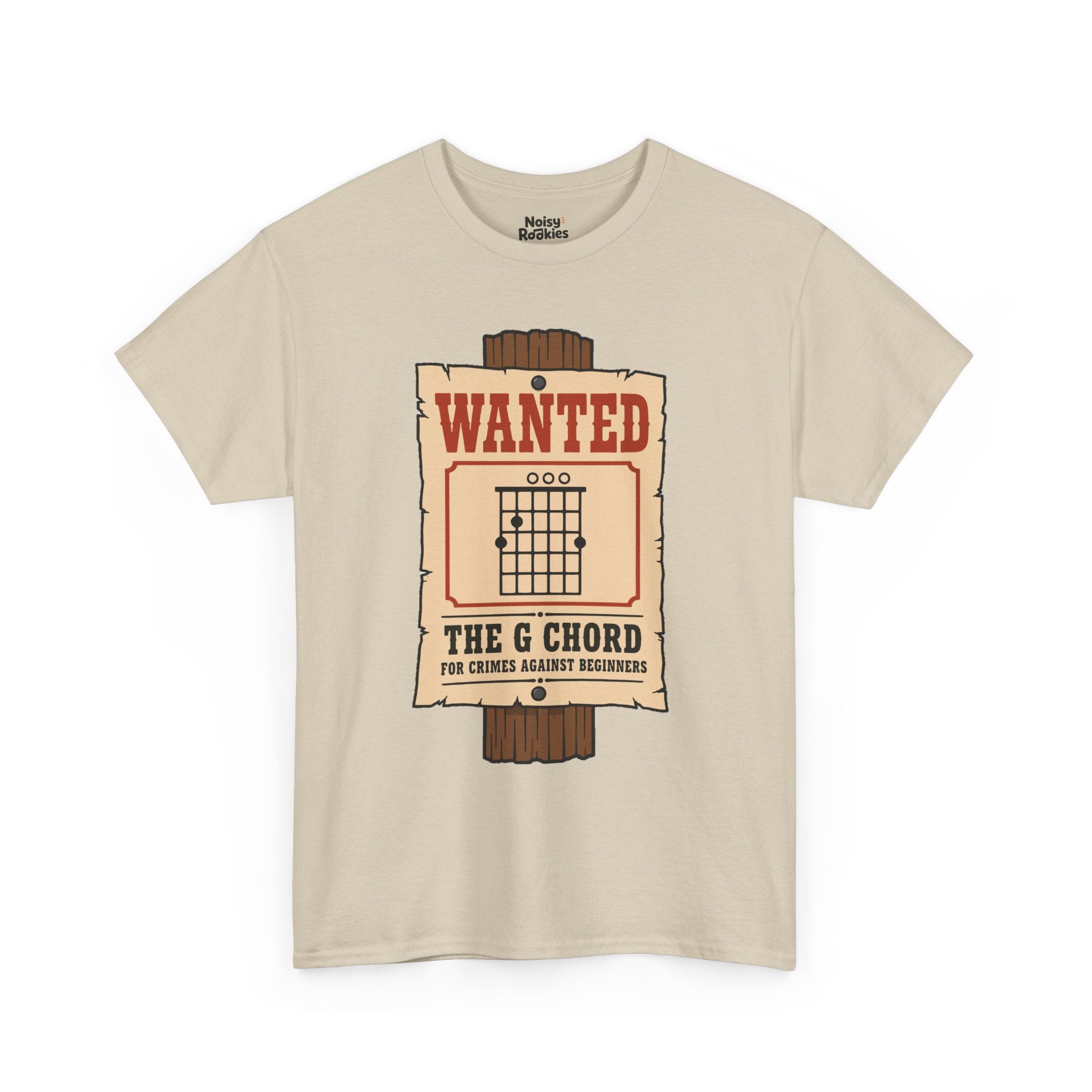 Vintage western wanted poster nailed to a wooden post, with a G major open guitar chord diagram as the mugshot and the words Wanted, The G Chord, For Crimes Against Beginners.