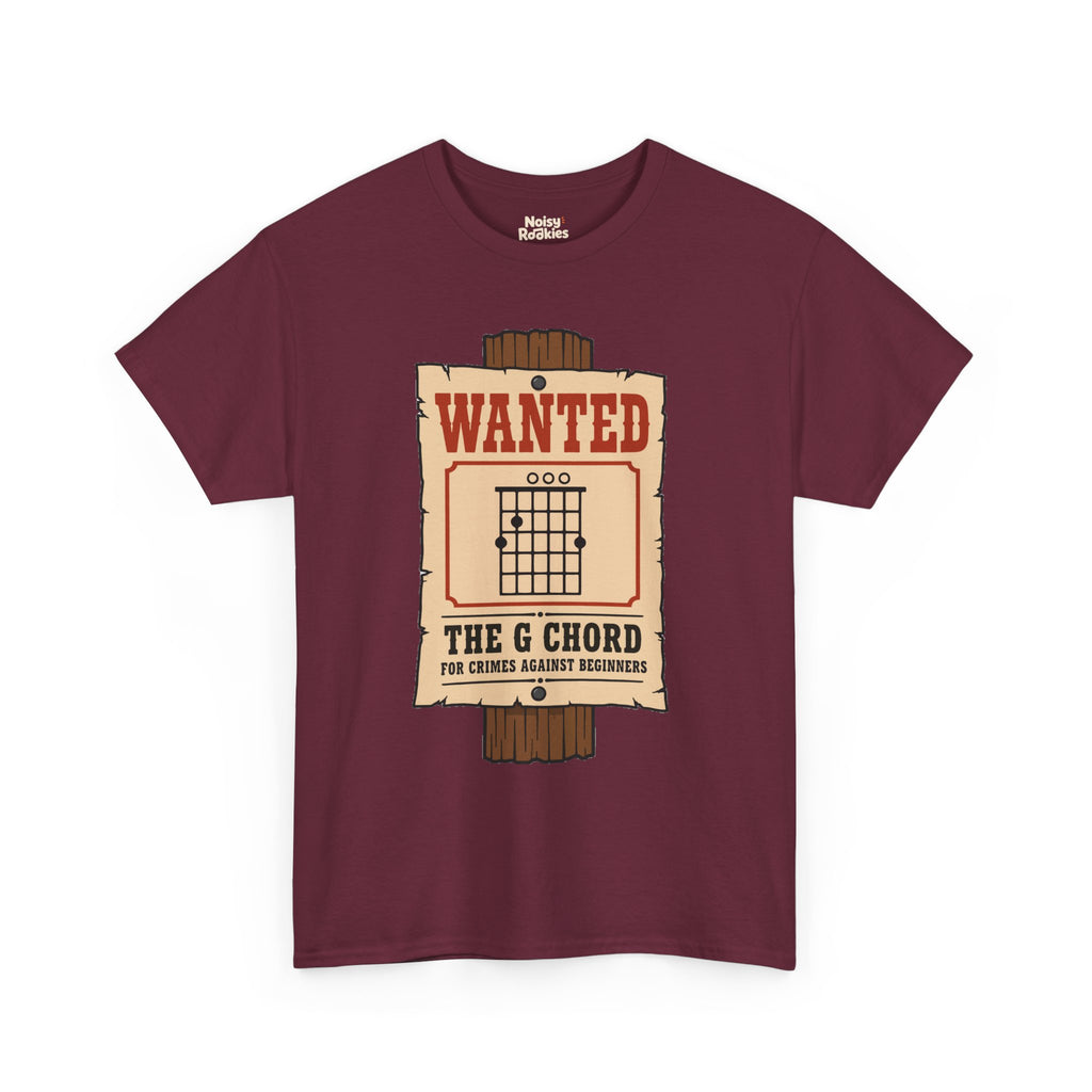 Vintage western wanted poster nailed to a wooden post, with a G major open guitar chord diagram as the mugshot and the words Wanted, The G Chord, For Crimes Against Beginners.