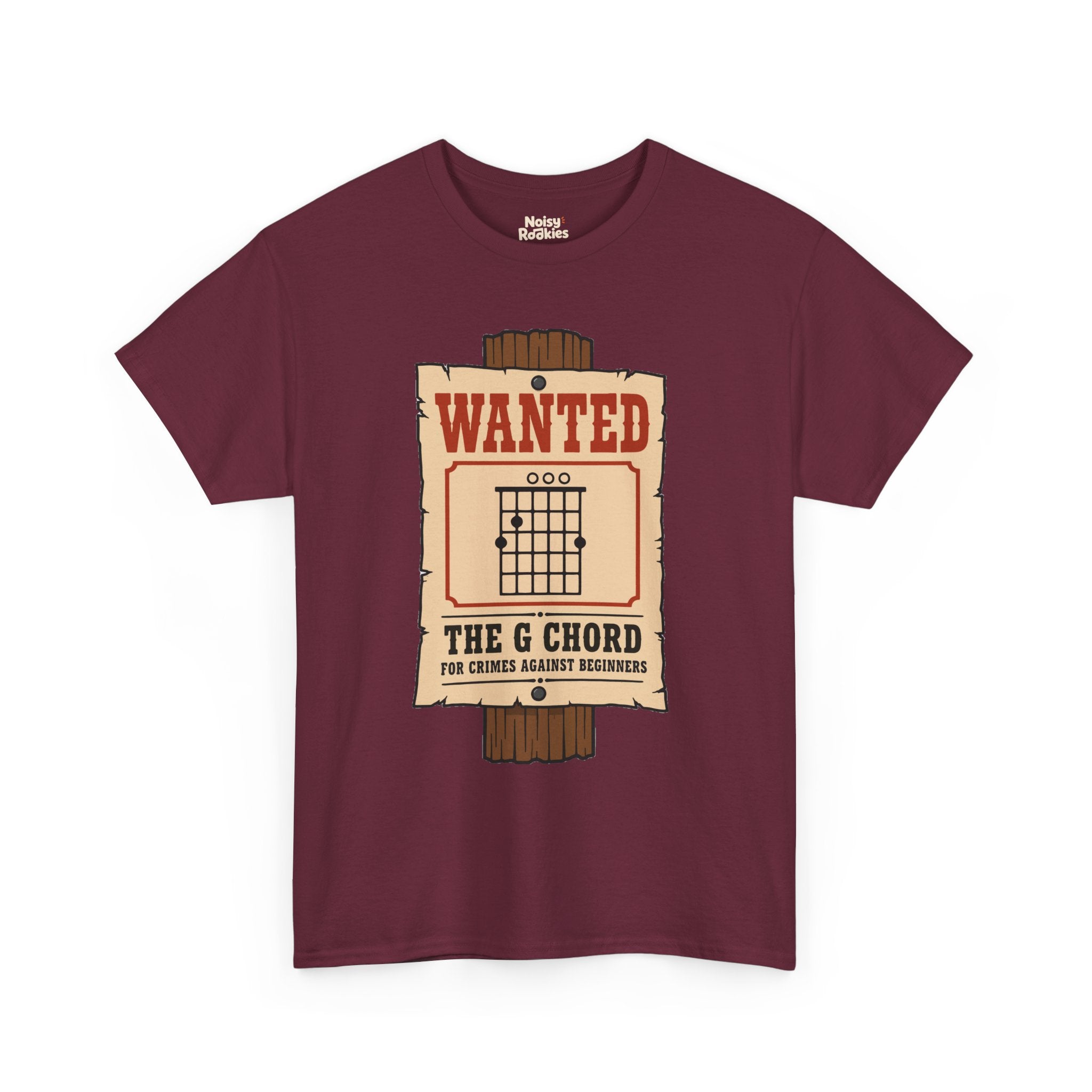 Vintage western wanted poster nailed to a wooden post, with a G major open guitar chord diagram as the mugshot and the words Wanted, The G Chord, For Crimes Against Beginners.