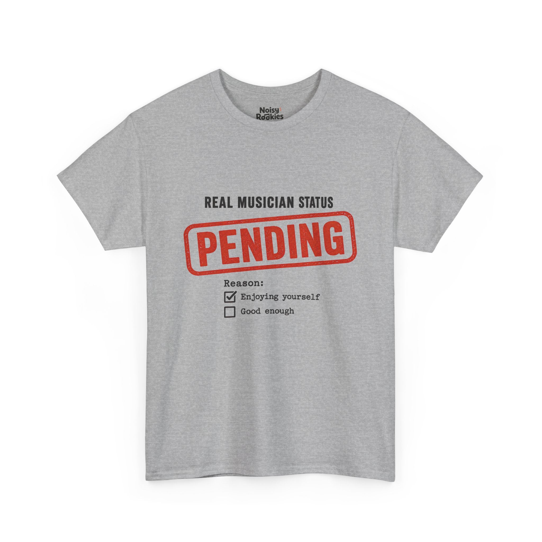 Typographic form design reading Real Musician Status with a large distressed red-orange PENDING rubber stamp, above a Reason checklist with Enjoying yourself checked and Good enough unchecked, printed in dark ink.
