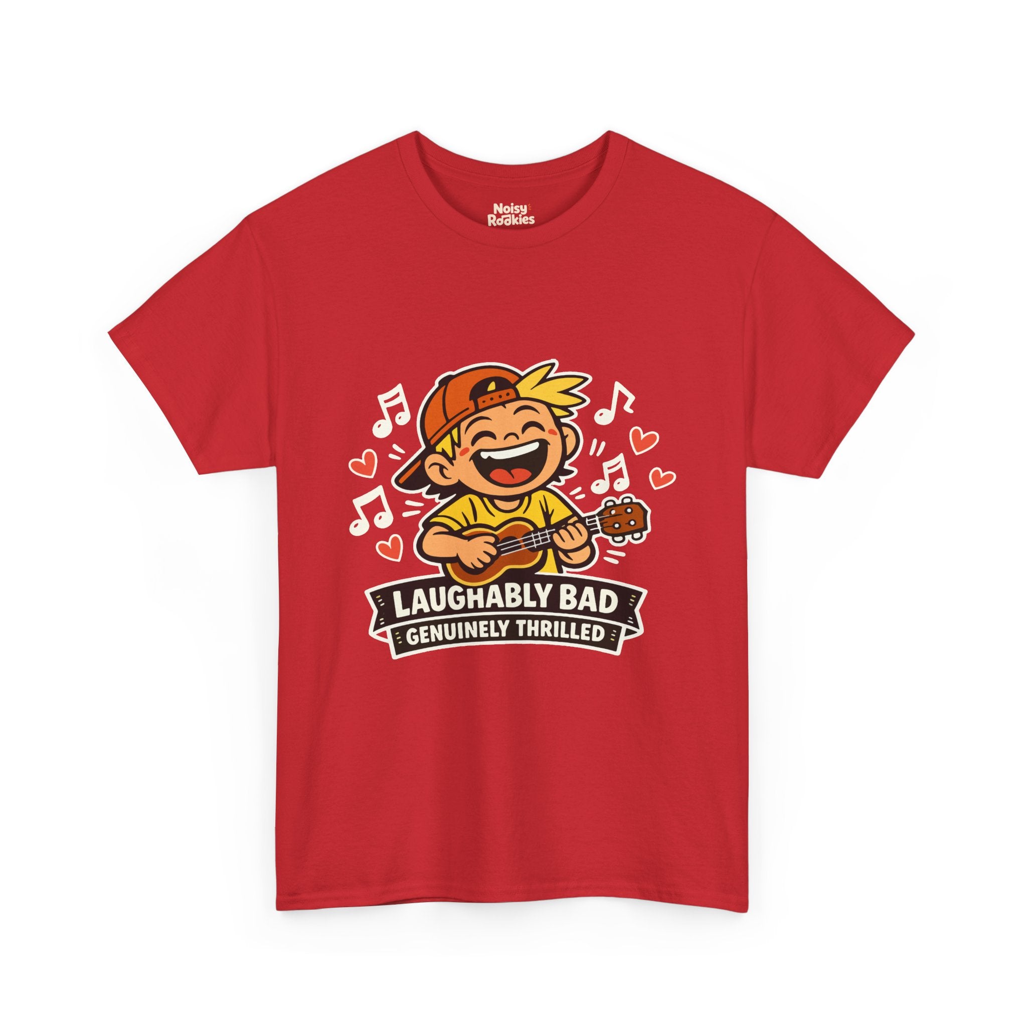 Dark-shirt design of a beaming cartoon kid in a backward cap strumming a ukulele, surrounded by music notes and hearts, over a banner reading Laughably Bad Genuinely Thrilled.