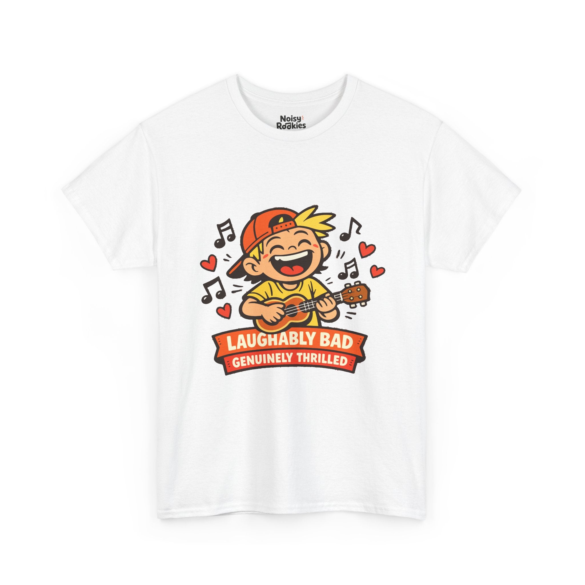Light-shirt design of a beaming cartoon kid in a backward cap strumming a ukulele, surrounded by music notes and hearts, over a banner reading Laughably Bad Genuinely Thrilled.