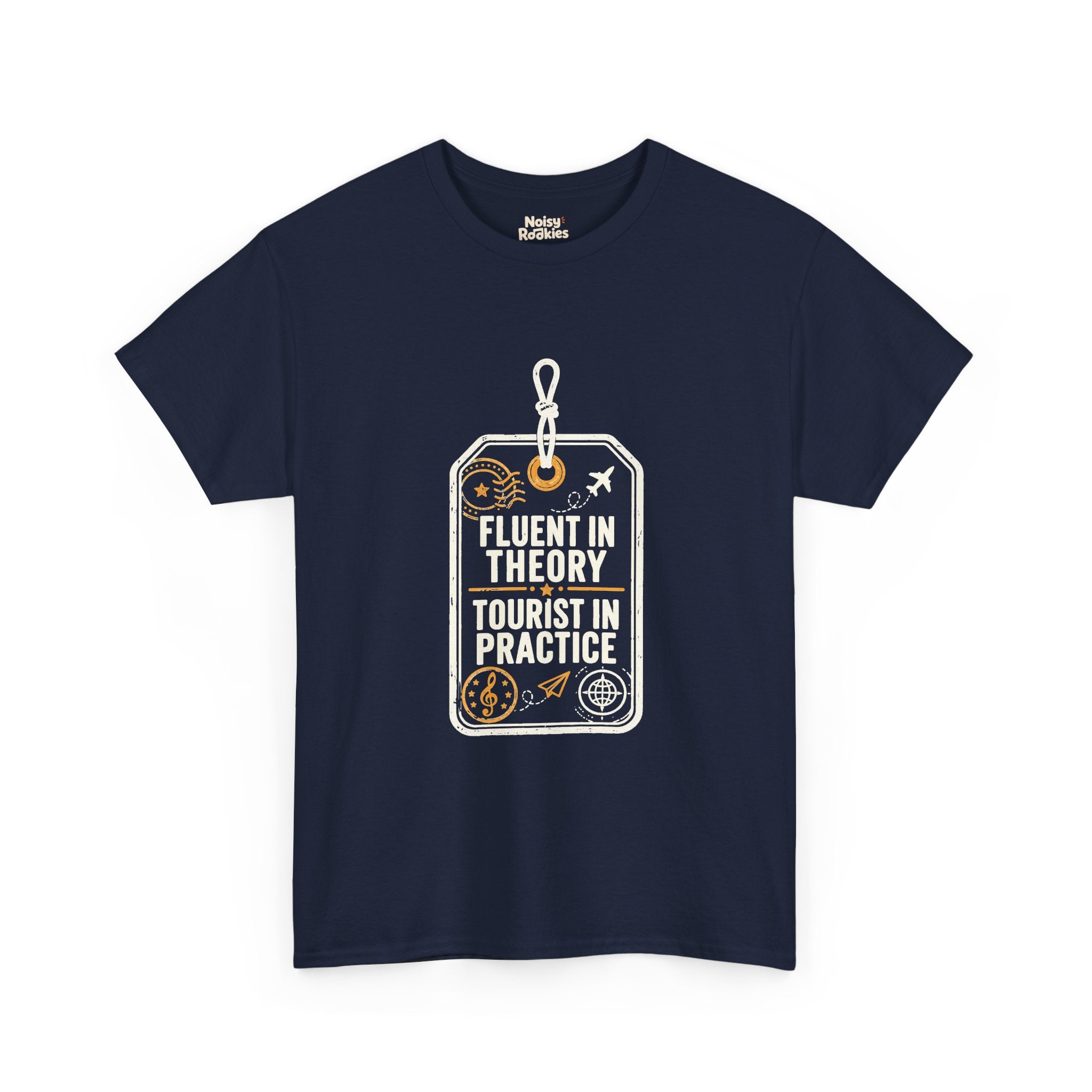 Vintage luggage tag graphic in light grey and gold reading Fluent in Theory, Tourist in Practice, with a treble clef passport stamp, airplane flight path, paper plane, and globe compass doodles.