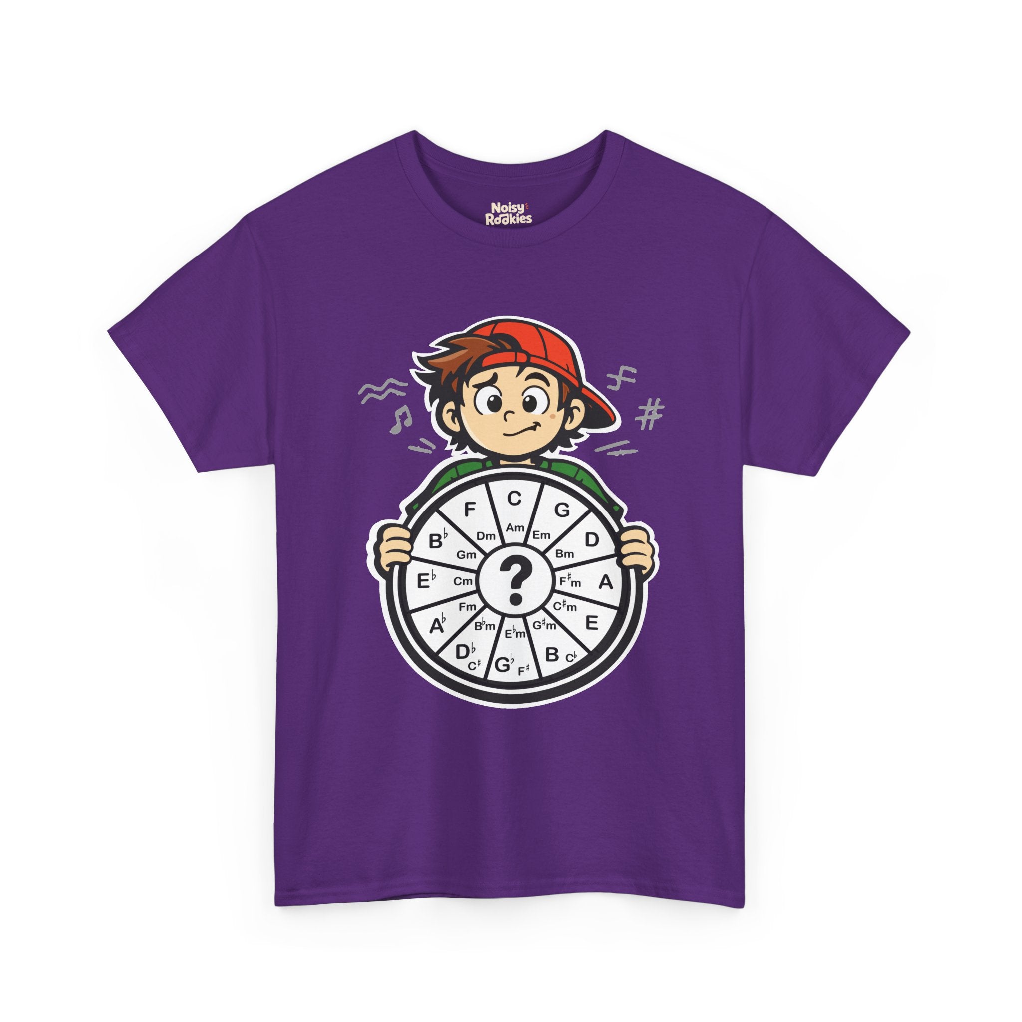 Dark-shirt design of a confused cartoon kid in a backward cap holding up a hand-drawn circle of fifths wheel with a large question mark in the center.