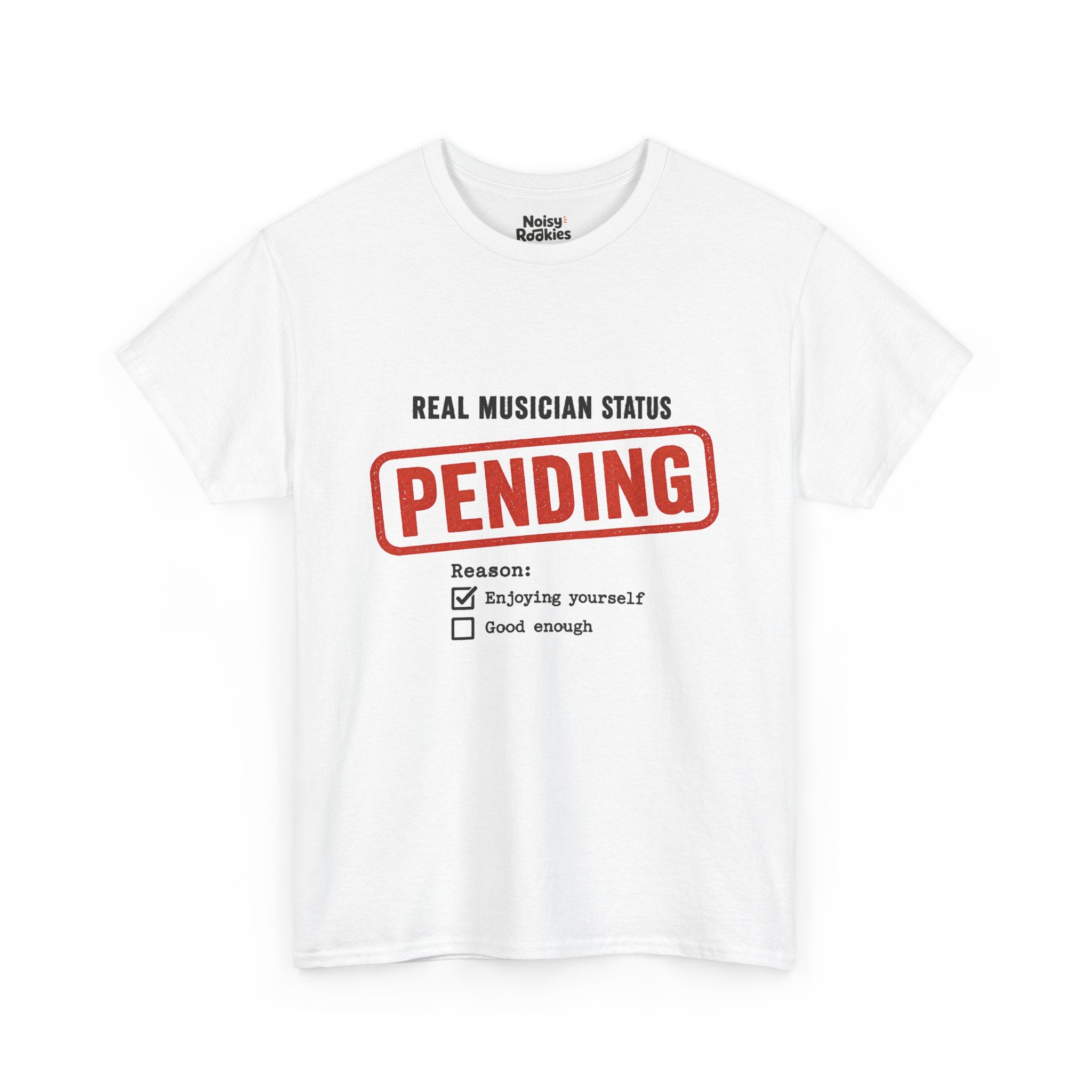 Typographic form design reading Real Musician Status with a large distressed red-orange PENDING rubber stamp, above a Reason checklist with Enjoying yourself checked and Good enough unchecked, printed in dark ink.