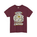 T-shirt design with a comic speech bubble reading WOW, YOU CAN ACTUALLY PLAY above a cream thought cloud filled with hand scribbled self criticisms like that buzzed, wrong note, missed that change and late again, with the caption NOBODY NOTICED, I NOTICED below in bold outlined letters with yellow accents.