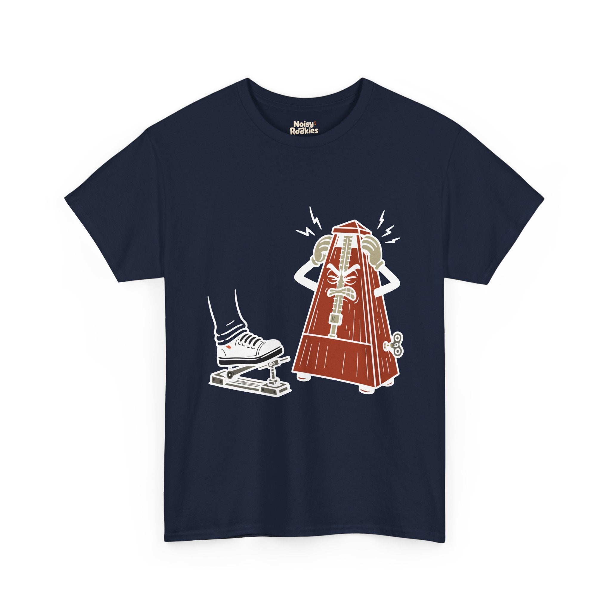 Cartoon illustration of a rust red wooden wind-up metronome character with an angry, gritted-teeth face, gripping the sides of its own head with both gloved hands while jagged anger bolts radiate around it, glaring at a motionless sneaker resting on a hi-hat pedal. Cream and white line work, no text on the design.