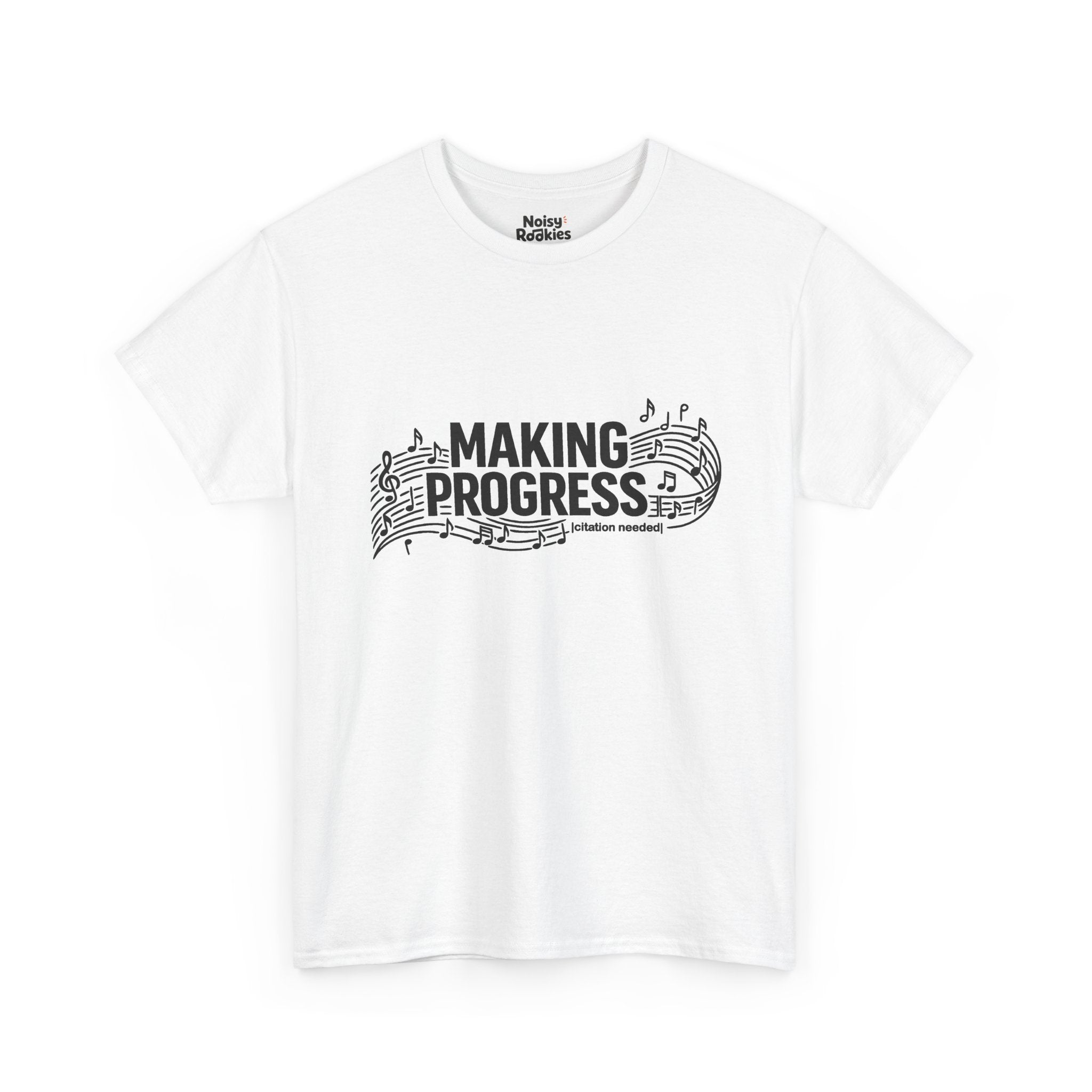 Dark-ink t-shirt design reading MAKING PROGRESS with a small "citation needed" tag, woven through a flowing musical staff with a treble clef and scattered notes.