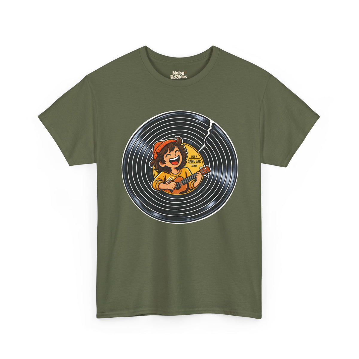 A cracked black vinyl record with a yellow center label. A laughing young musician in an orange beanie plays a ukulele across the label, beside the words Side A, Same Bar, Again.