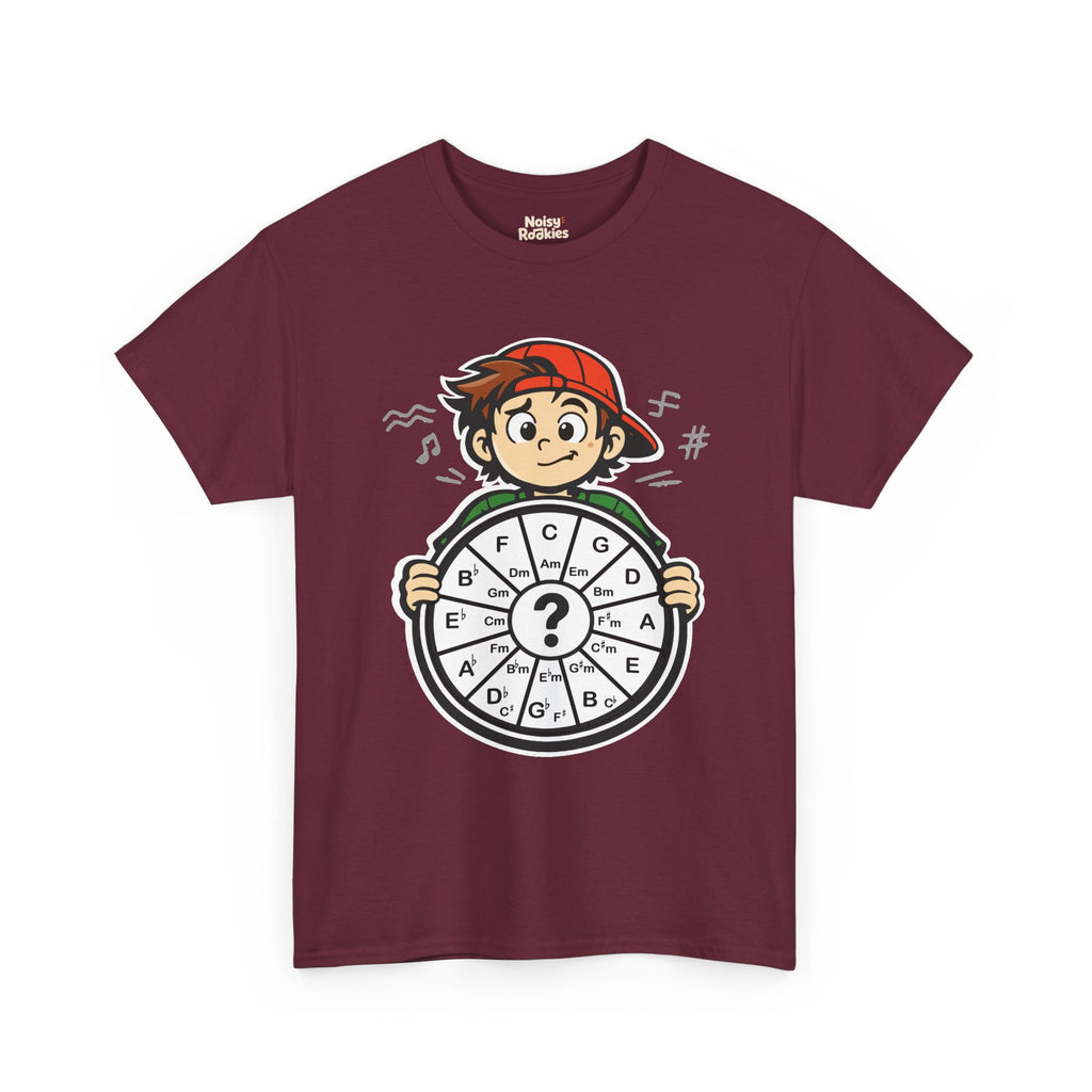 Dark-shirt design of a confused cartoon kid in a backward cap holding up a hand-drawn circle of fifths wheel with a large question mark in the center.