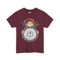 Dark-shirt design of a confused cartoon kid in a backward cap holding up a hand-drawn circle of fifths wheel with a large question mark in the center.