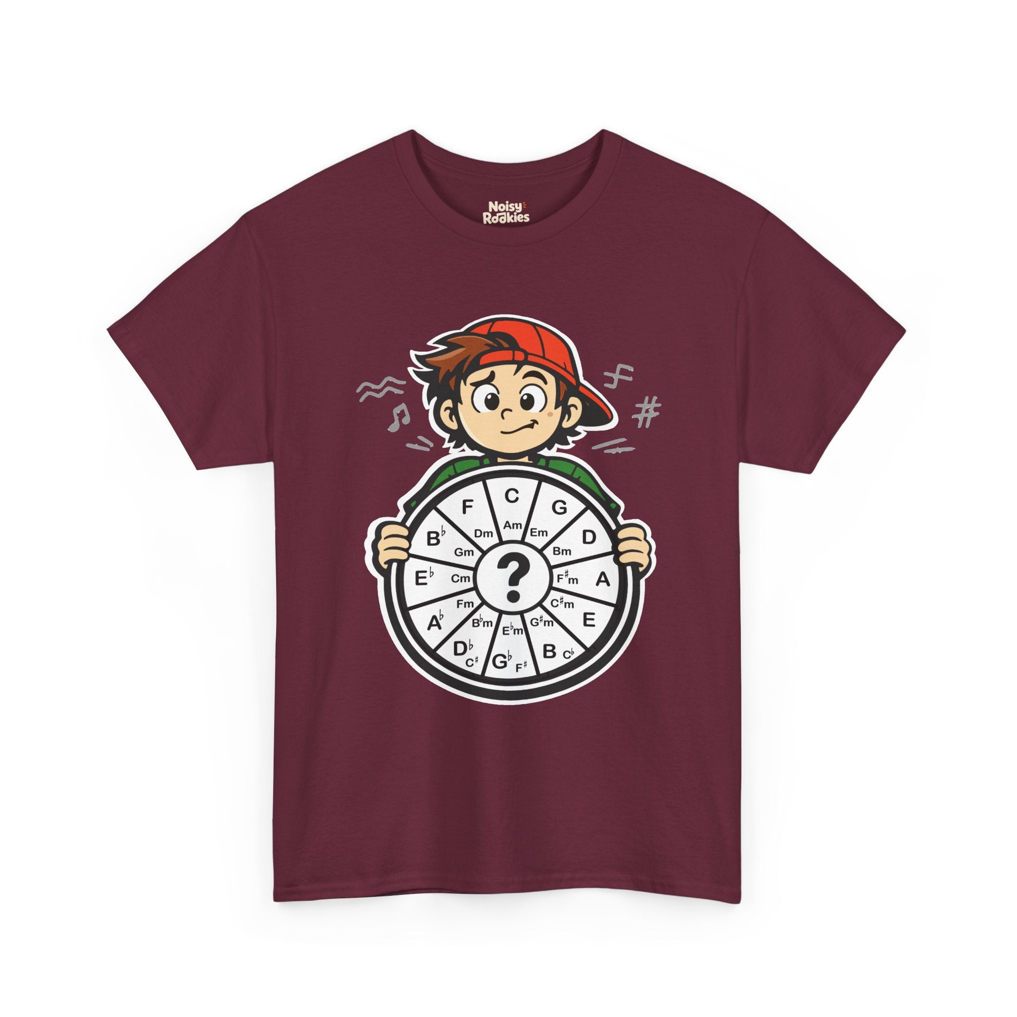 Dark-shirt design of a confused cartoon kid in a backward cap holding up a hand-drawn circle of fifths wheel with a large question mark in the center.