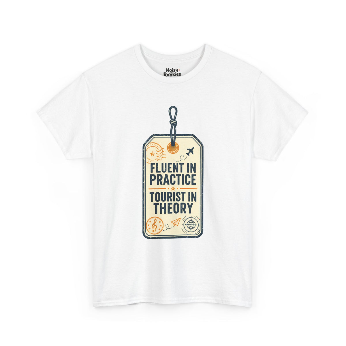 Vintage luggage tag in deep navy on a cream ground, reading Fluent in Practice above Tourist in Theory, with an orange postmark, a treble clef seal, a paper plane and a compass rose.
