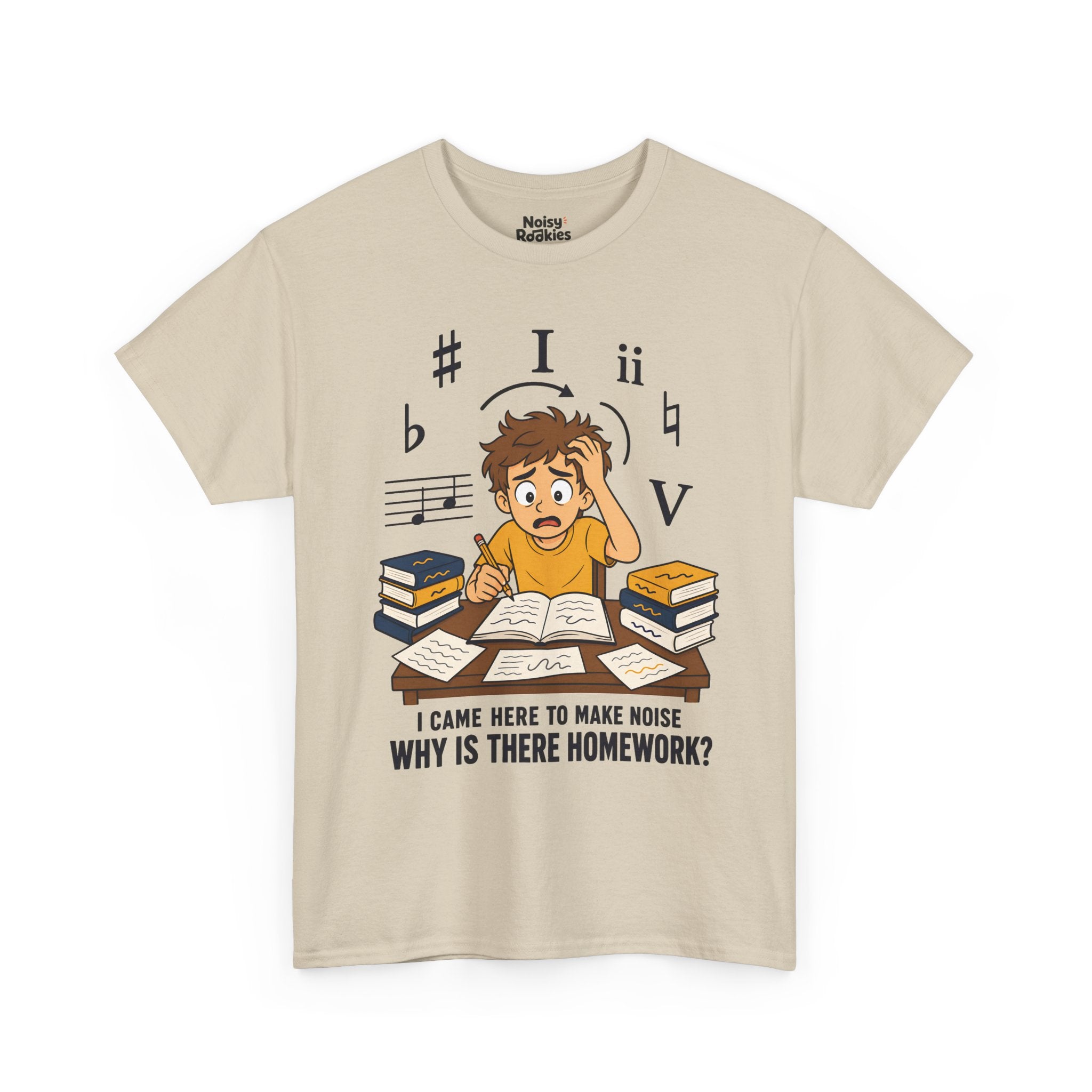 Cartoon illustration of an overwhelmed young beginner musician at a desk piled with theory books and loose papers, holding a pencil and gripping his hair, surrounded by oversized dark blue music symbols including a sharp, a flat, a natural, the Roman numerals I, ii and V, and a staff fragment. Dark blue text below reads I came here to make noise, why is there homework?