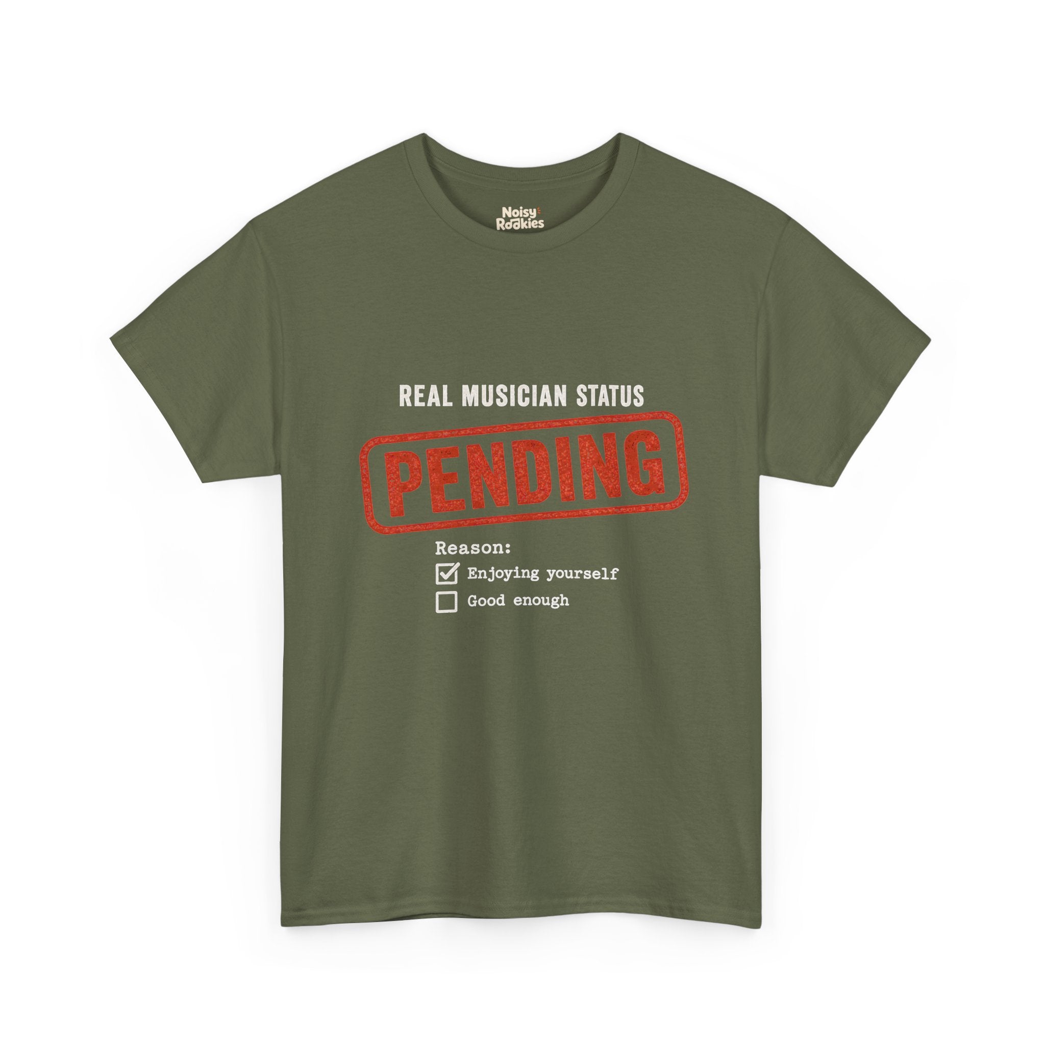 Typographic form design reading Real Musician Status with a large distressed red-orange PENDING rubber stamp, above a Reason checklist with Enjoying yourself checked and Good enough unchecked, printed in cream ink.