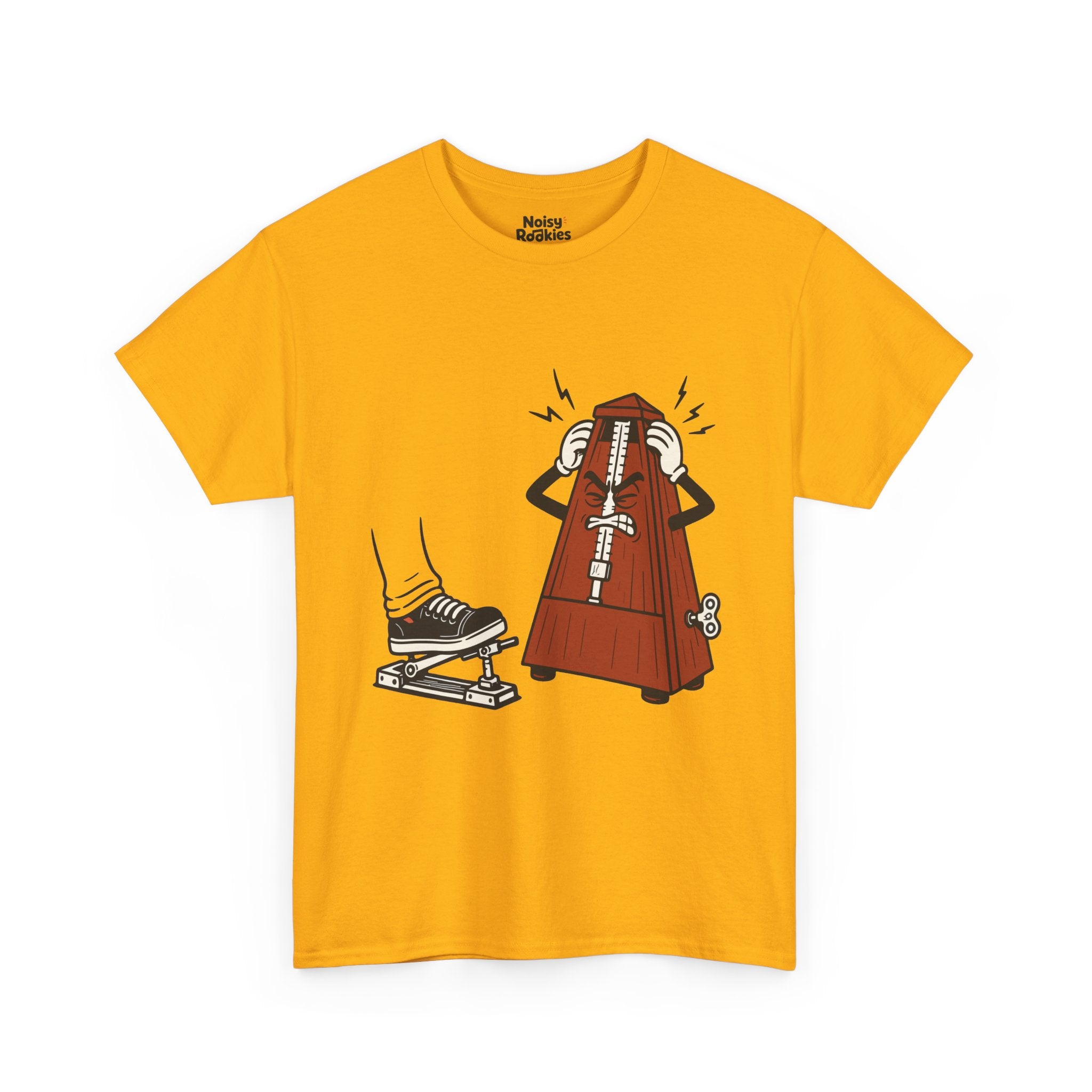 Cartoon illustration of a rust red wooden wind-up metronome character with an angry, gritted-teeth face, gripping the sides of its own head with both gloved hands while jagged anger bolts radiate around it, glaring at a motionless black sneaker resting on a hi-hat pedal. Dark ink line work, no text on the design.