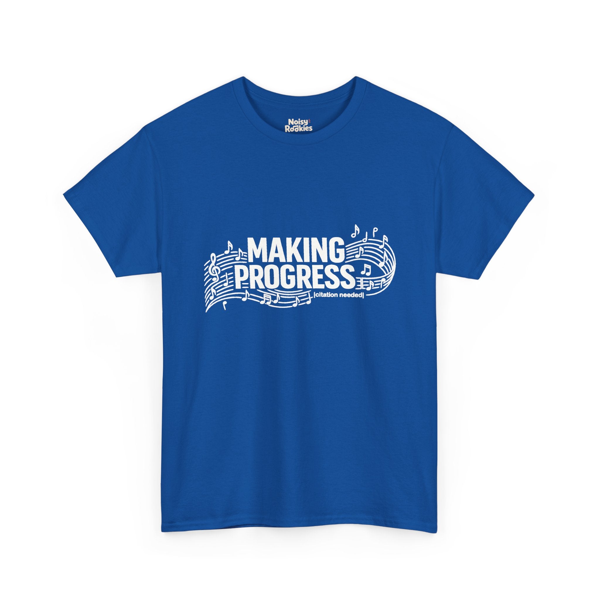 White t-shirt design reading MAKING PROGRESS with a small "citation needed" tag, woven through a flowing musical staff with a treble clef and scattered notes.