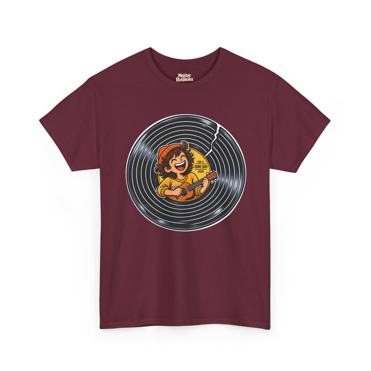 A cracked black vinyl record with a yellow center label. A laughing young musician in an orange beanie plays a ukulele across the label, beside the words Side A, Same Bar, Again.