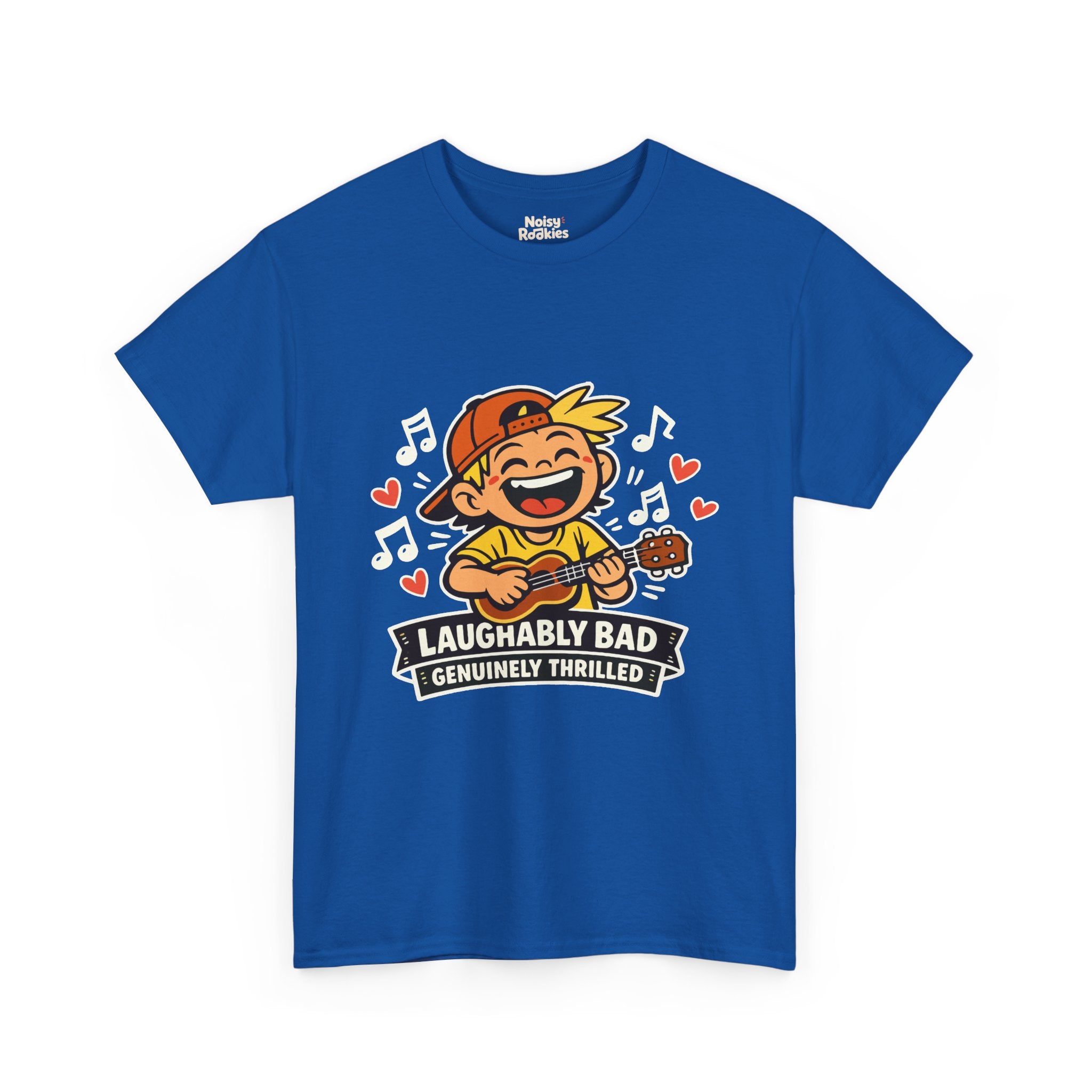 Dark-shirt design of a beaming cartoon kid in a backward cap strumming a ukulele, surrounded by music notes and hearts, over a banner reading Laughably Bad Genuinely Thrilled.