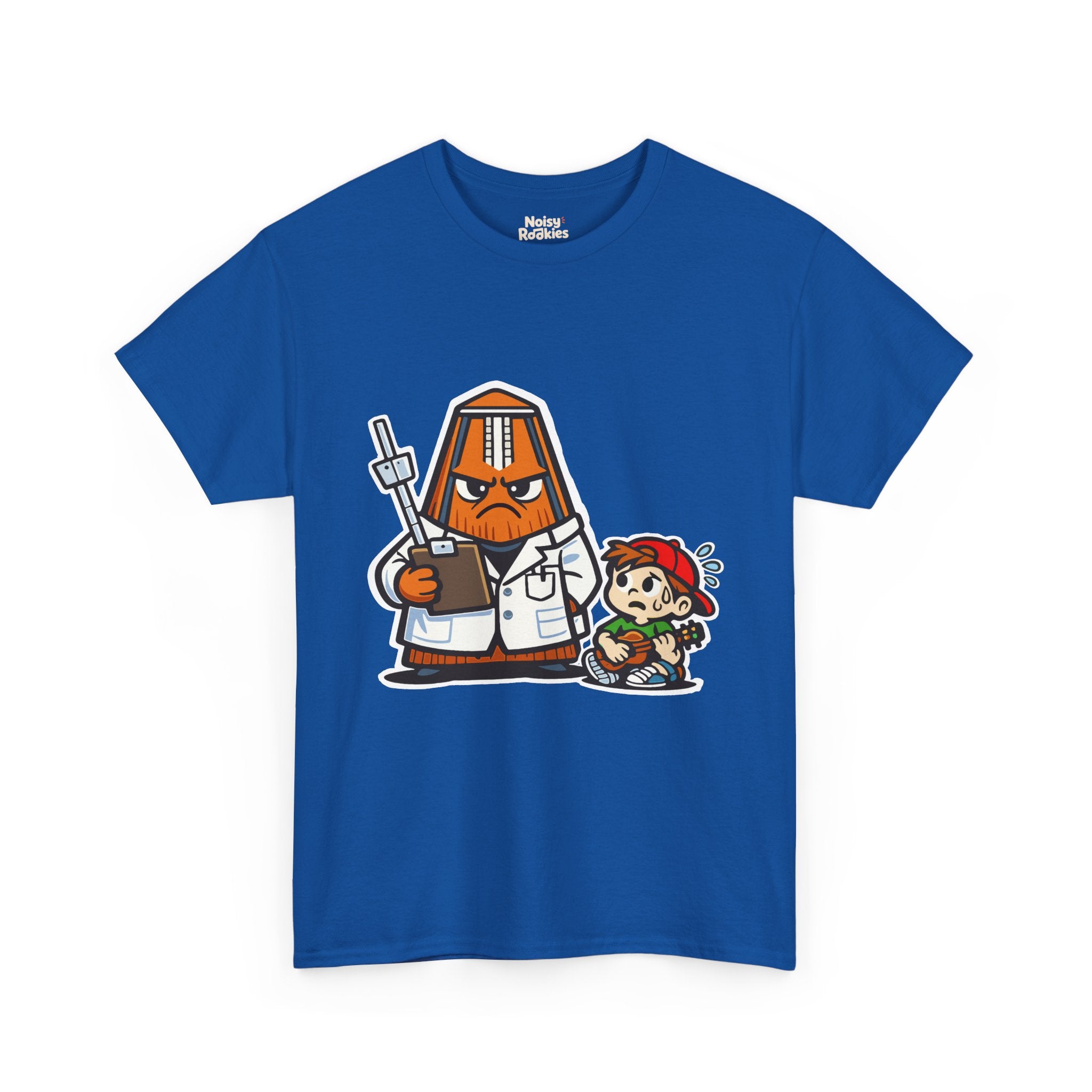 Dark-shirt design of a cartoon metronome dressed as a stern doctor in a white coat holding a clipboard, with a nervous, sweating beginner sitting beside it.