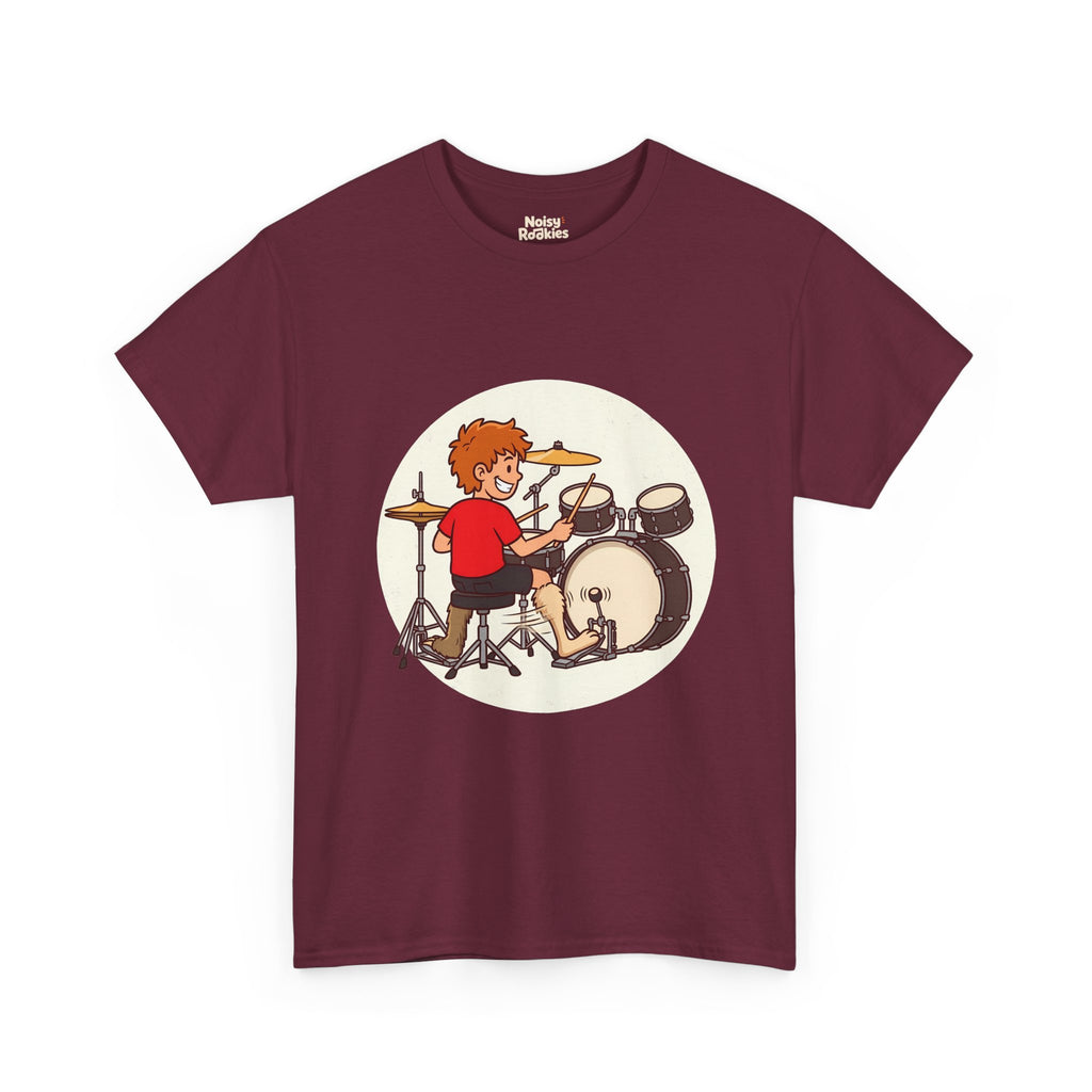 Cartoon of a grinning beginner drummer at a kit, seen from behind, with two mismatched furry animal legs, one fast rabbit foot on the bass pedal and one slow sloth foot on the hi-hat.