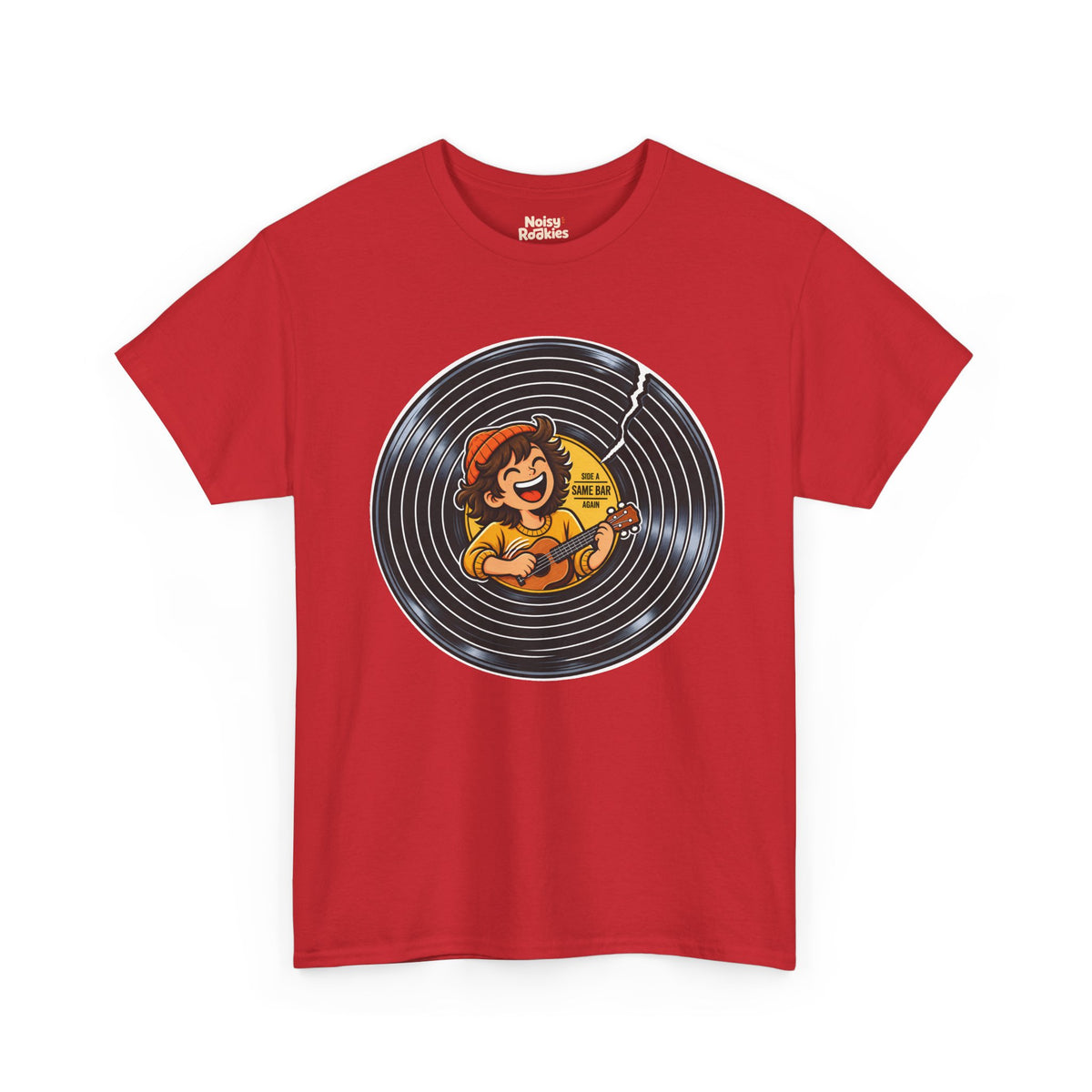 A cracked black vinyl record with a yellow center label. A laughing young musician in an orange beanie plays a ukulele across the label, beside the words Side A, Same Bar, Again.
