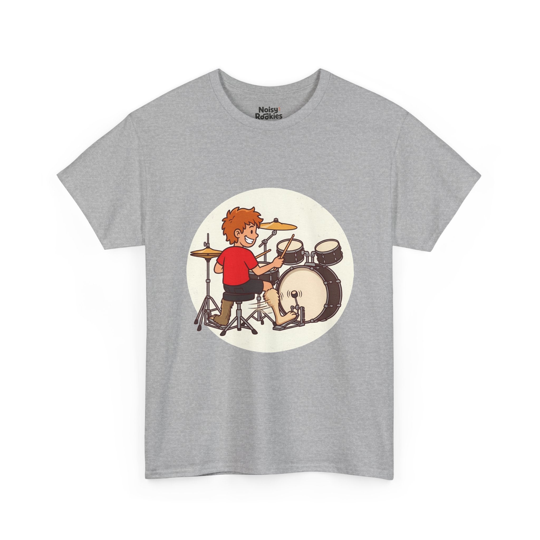 Cartoon of a grinning beginner drummer at a kit, seen from behind, with two mismatched furry animal legs, one fast rabbit foot on the bass pedal and one slow sloth foot on the hi-hat.