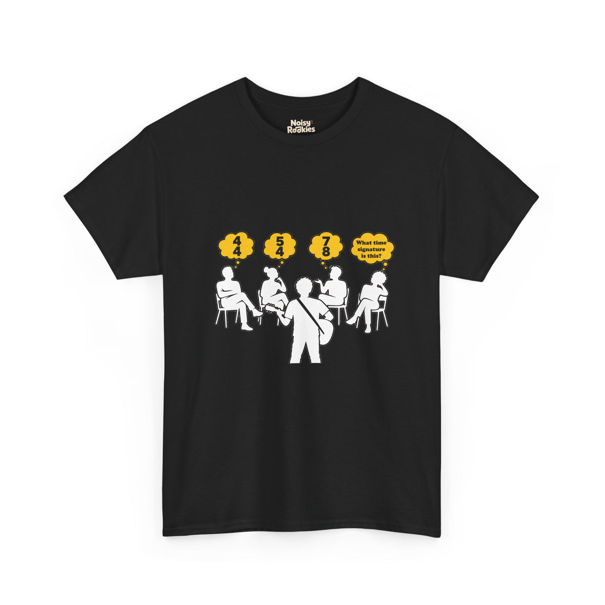 Cartoon of a guitarist seen from behind playing to four seated listeners, each with a yellow thought bubble reading 4/4, 5/4, 7/8, and a last one asking What time signature is this?