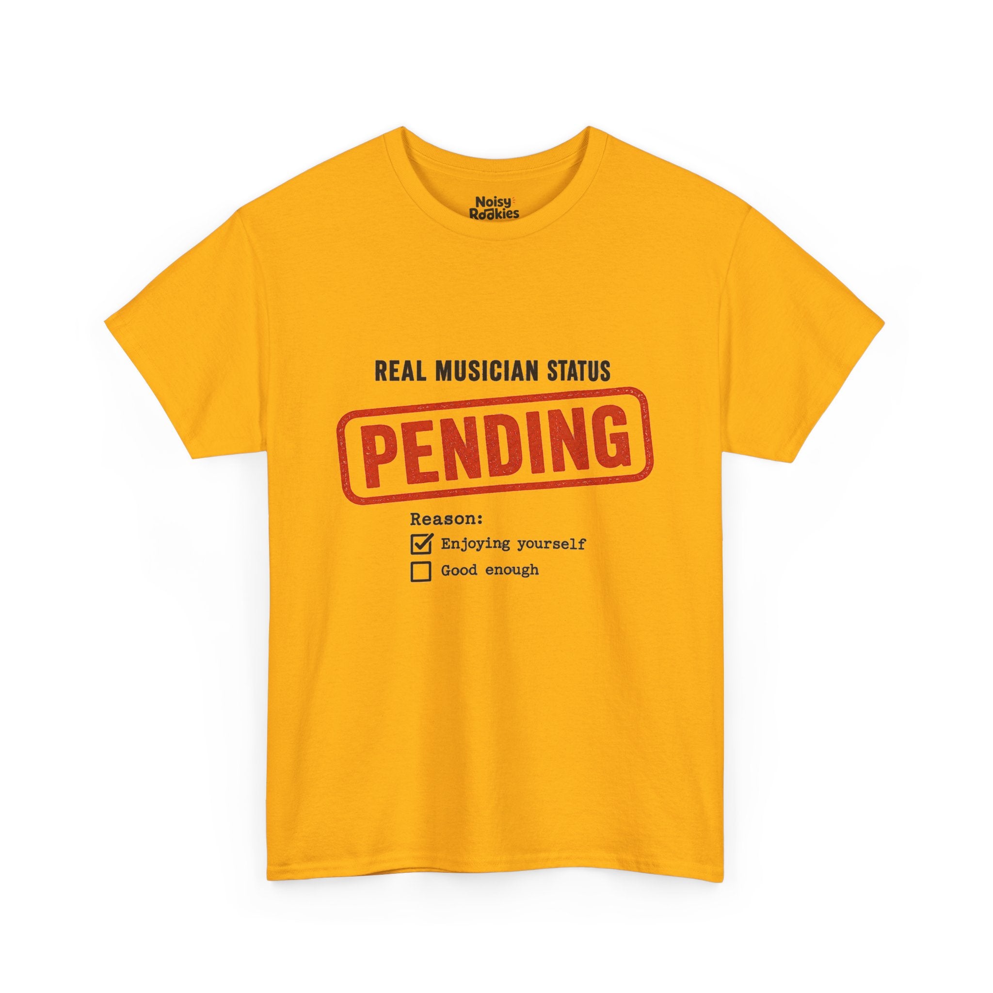 Typographic form design reading Real Musician Status with a large distressed red-orange PENDING rubber stamp, above a Reason checklist with Enjoying yourself checked and Good enough unchecked, printed in dark ink.