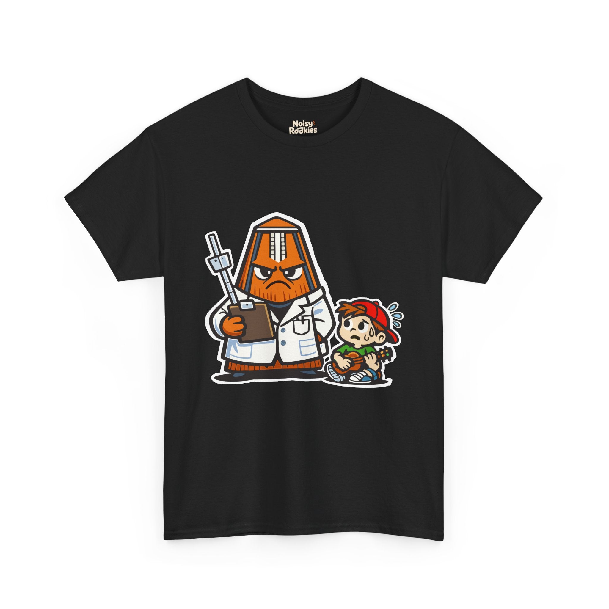 Dark-shirt design of a cartoon metronome dressed as a stern doctor in a white coat holding a clipboard, with a nervous, sweating beginner sitting beside it.