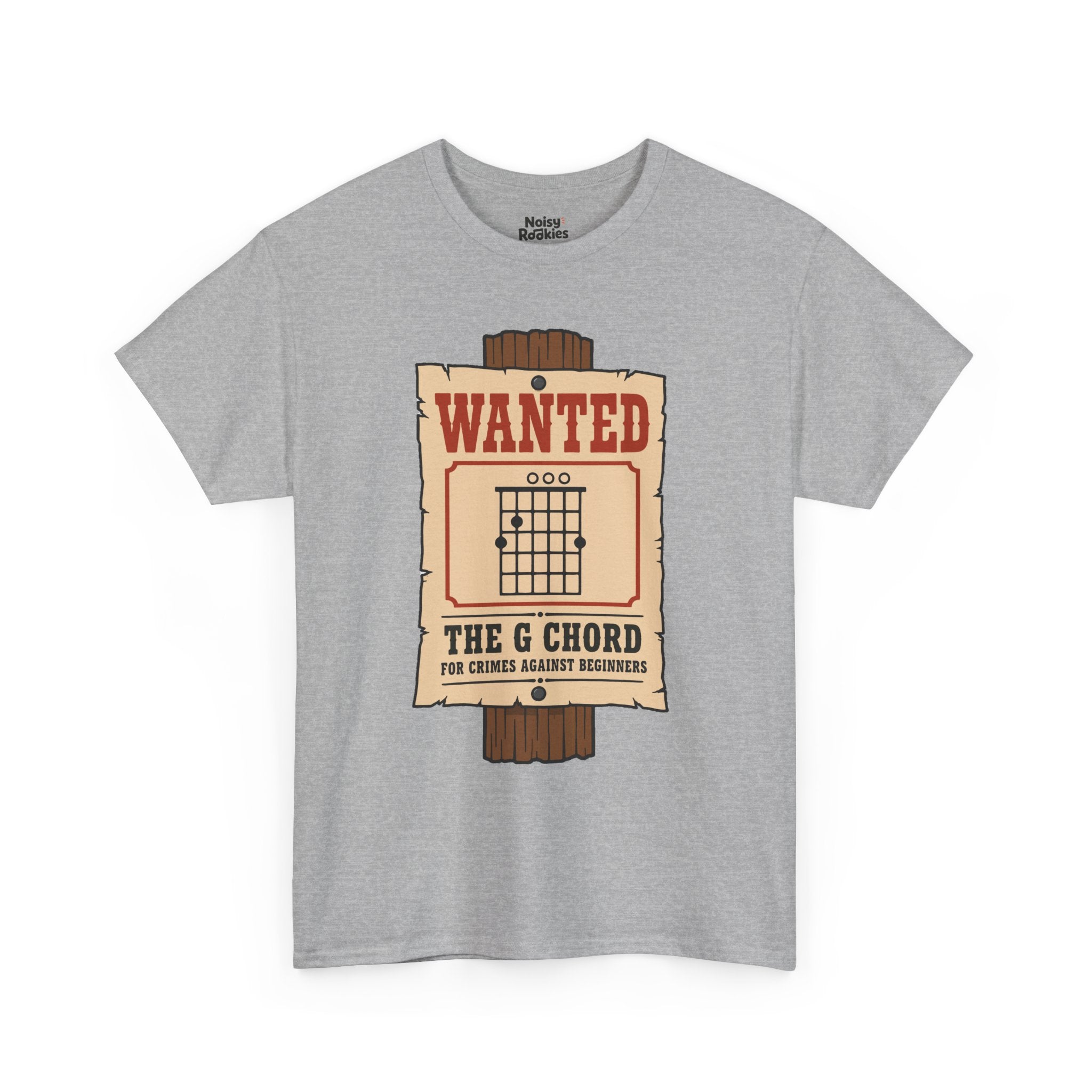 Vintage western wanted poster nailed to a wooden post, with a G major open guitar chord diagram as the mugshot and the words Wanted, The G Chord, For Crimes Against Beginners.