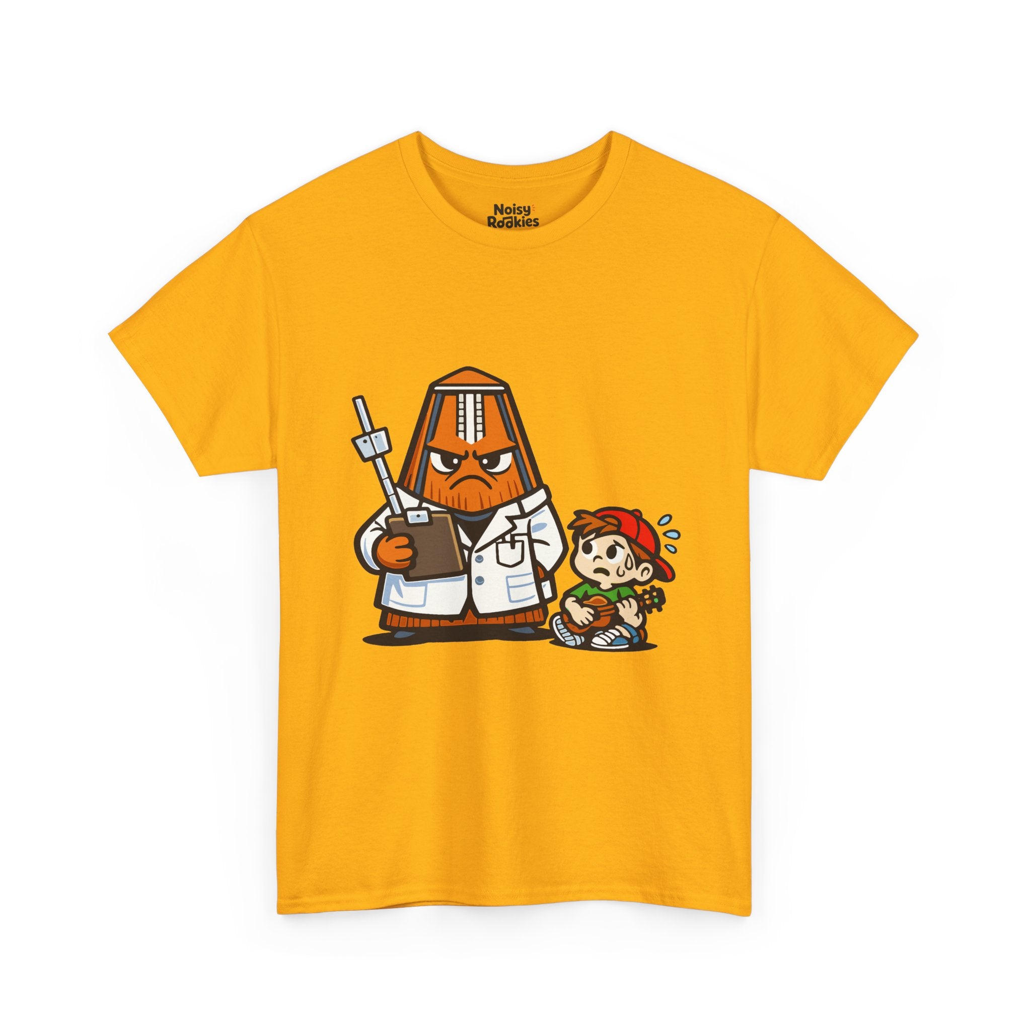 Light-shirt design of a cartoon metronome dressed as a stern doctor in a white coat holding a clipboard, with a nervous, sweating beginner sitting beside it.