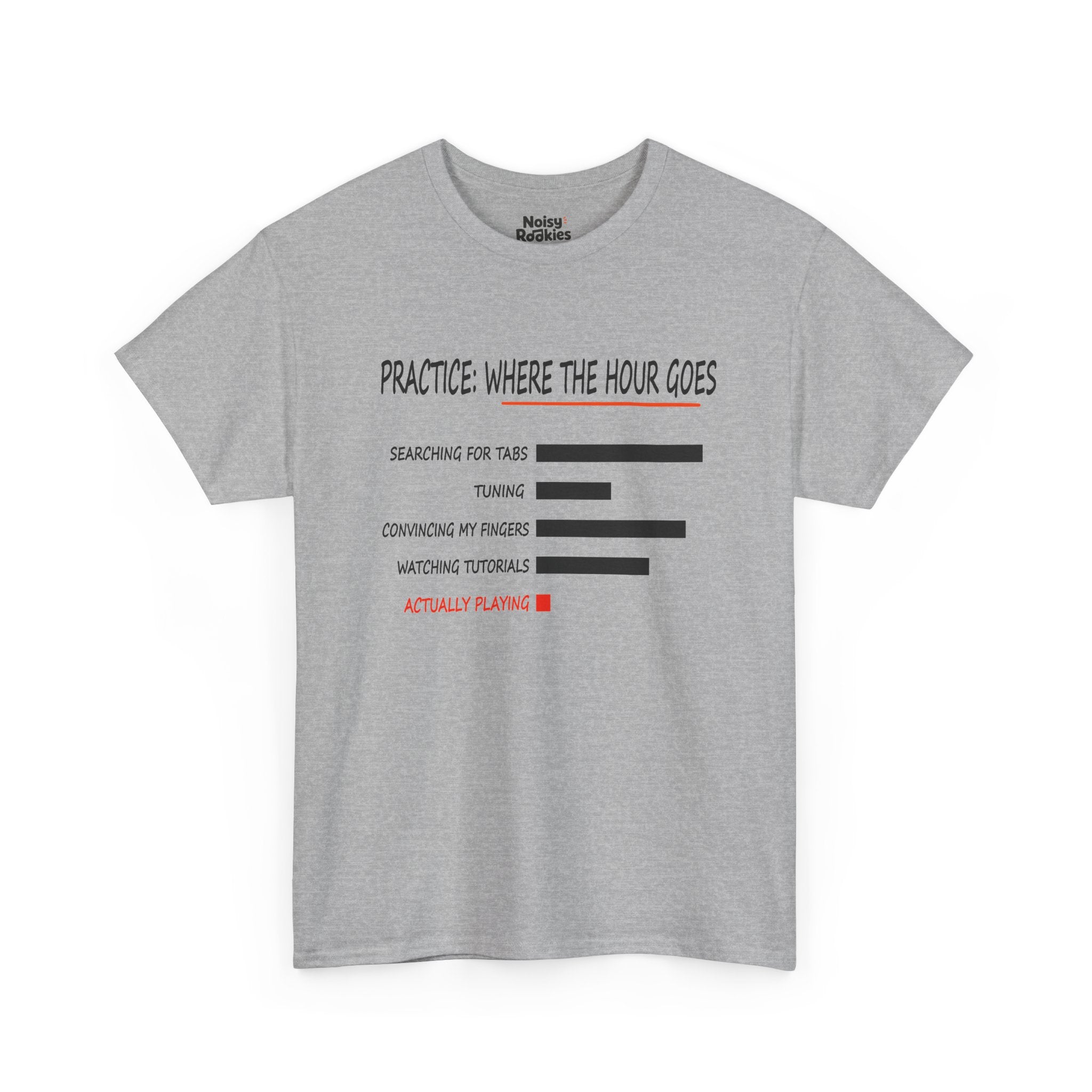 Minimalist black bar chart printed on a light t-shirt, headed PRACTICE: WHERE THE HOUR GOES in a hand-drawn condensed capital font with an orange brush underline. Five labelled rows read searching for tabs, tuning, convincing my fingers, watching tutorials, and actually playing, the first four with long black bars and the last with a tiny red square, its label also in red.