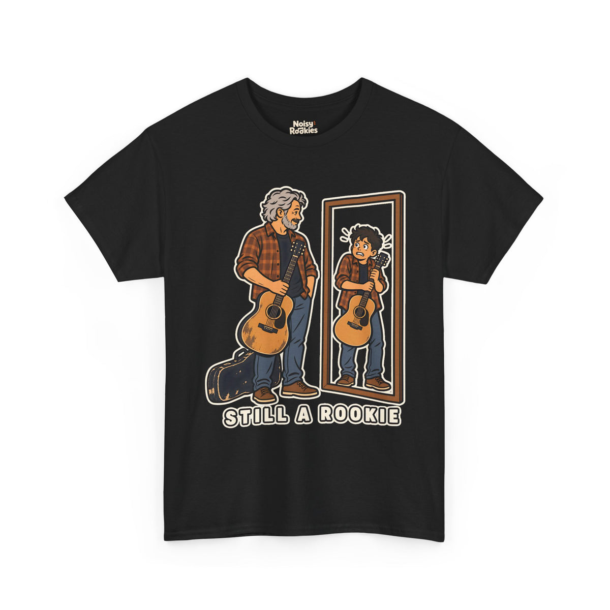 A grey-haired guitarist holding a worn acoustic guitar looks into a mirror and sees a nervous young beginner clutching the same guitar, above the caption Still a Rookie.