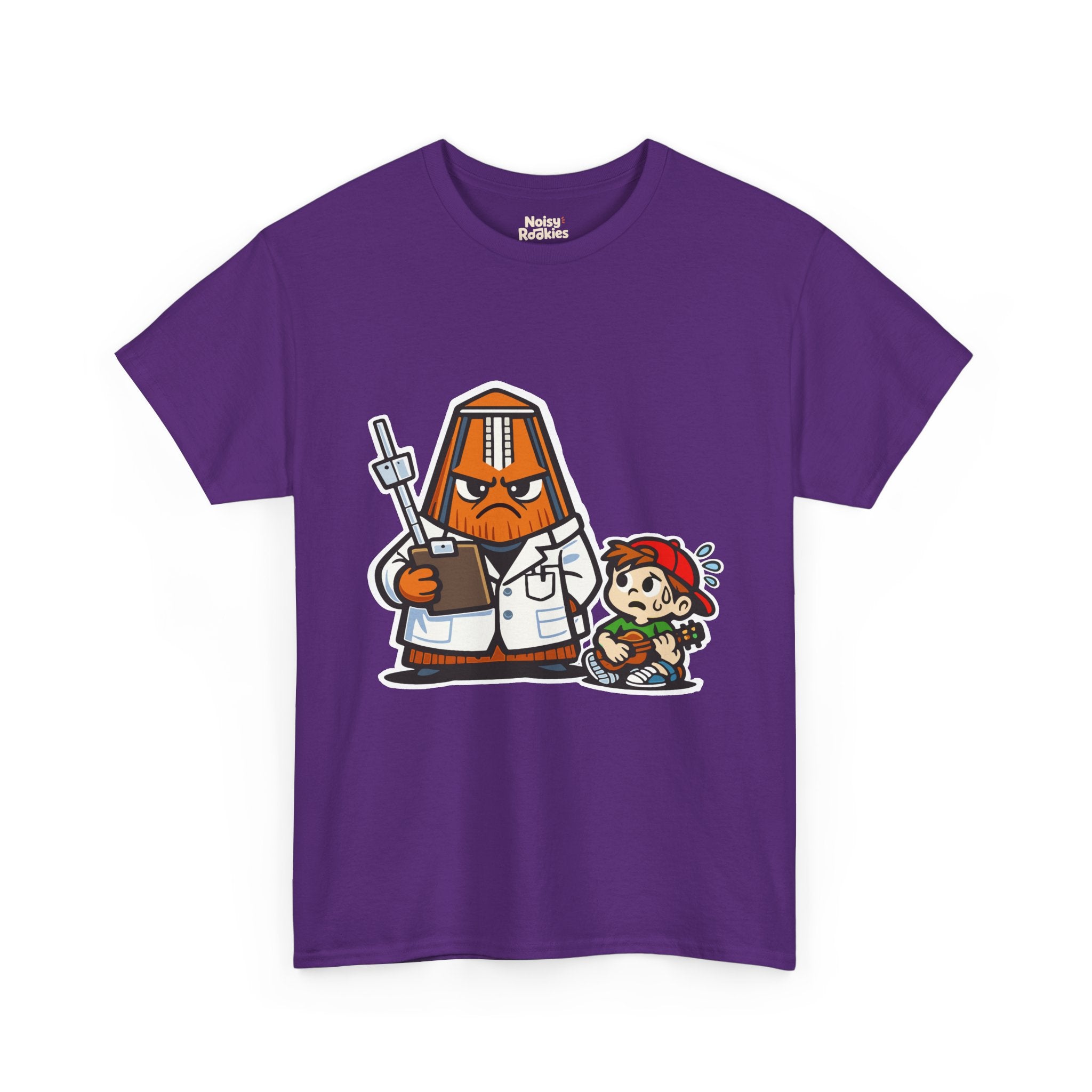 Dark-shirt design of a cartoon metronome dressed as a stern doctor in a white coat holding a clipboard, with a nervous, sweating beginner sitting beside it.