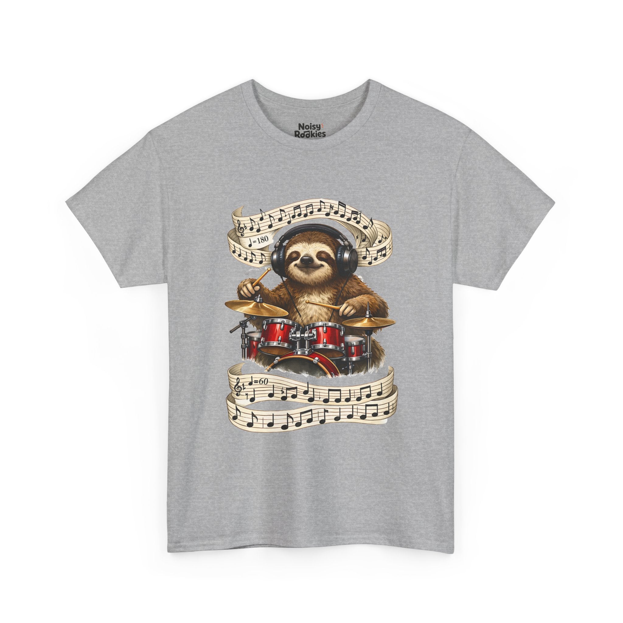 Illustration of a happy sloth wearing headphones, eyes closed and smiling, playing a bright red drum kit with drumsticks while ribbons of sheet music swirl around it, one marked 180 beats per minute and one marked 60.