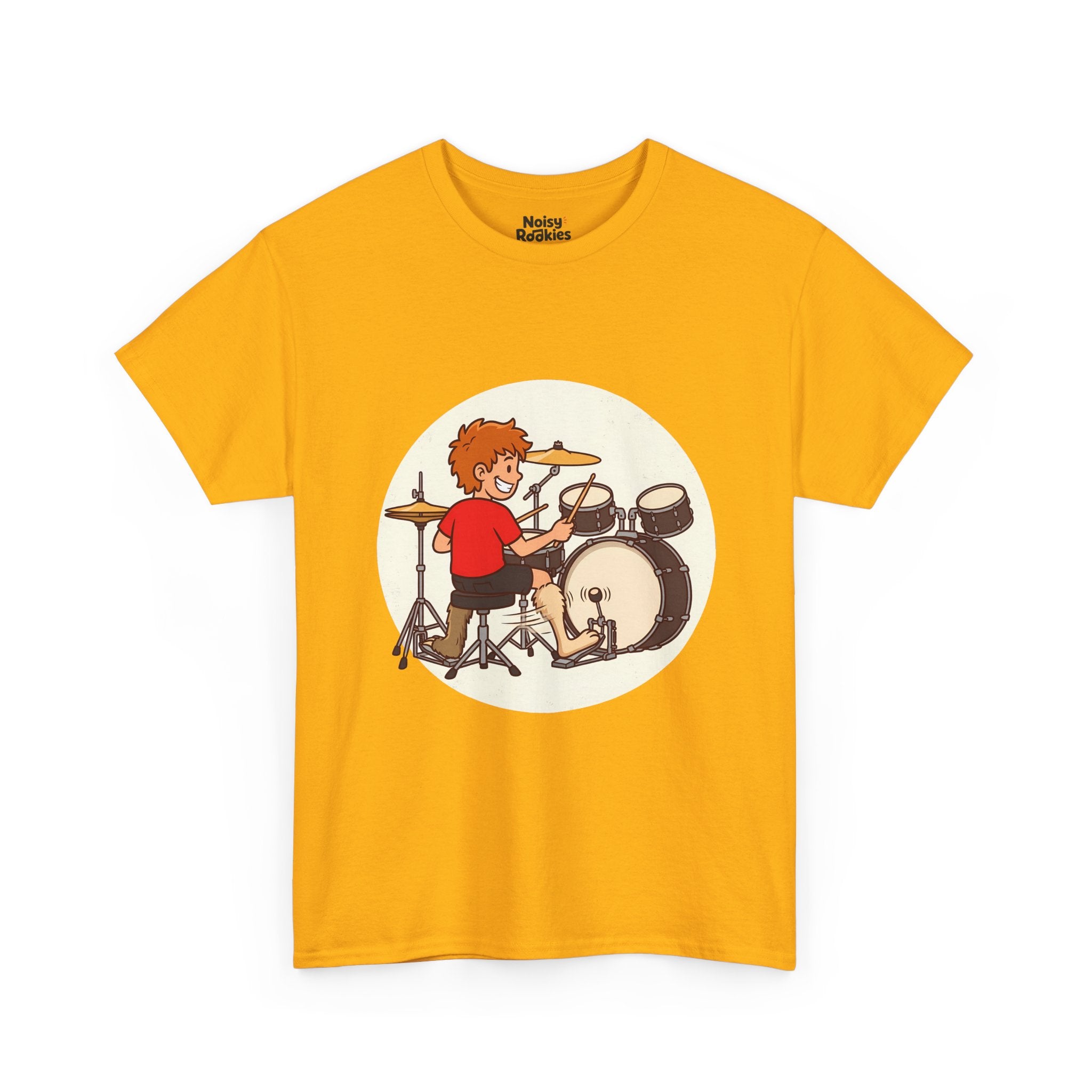 Cartoon of a grinning beginner drummer at a kit, seen from behind, with two mismatched furry animal legs, one fast rabbit foot on the bass pedal and one slow sloth foot on the hi-hat.