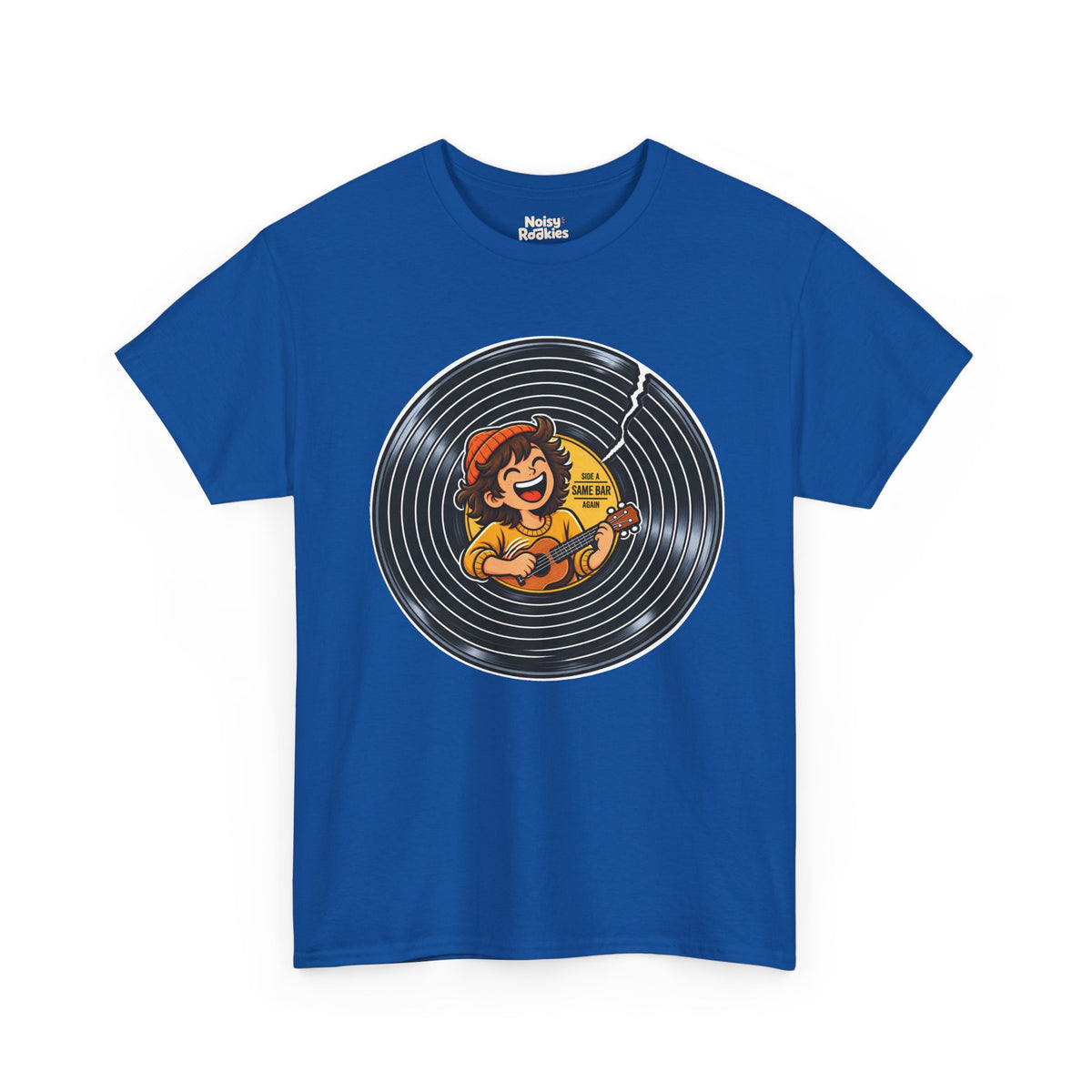 A cracked black vinyl record with a yellow center label. A laughing young musician in an orange beanie plays a ukulele across the label, beside the words Side A, Same Bar, Again.