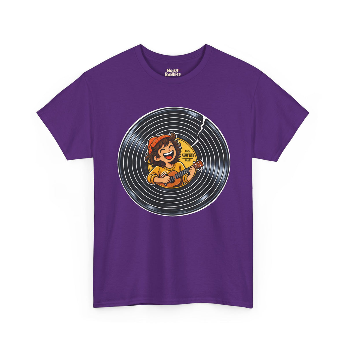 A cracked black vinyl record with a yellow center label. A laughing young musician in an orange beanie plays a ukulele across the label, beside the words Side A, Same Bar, Again.
