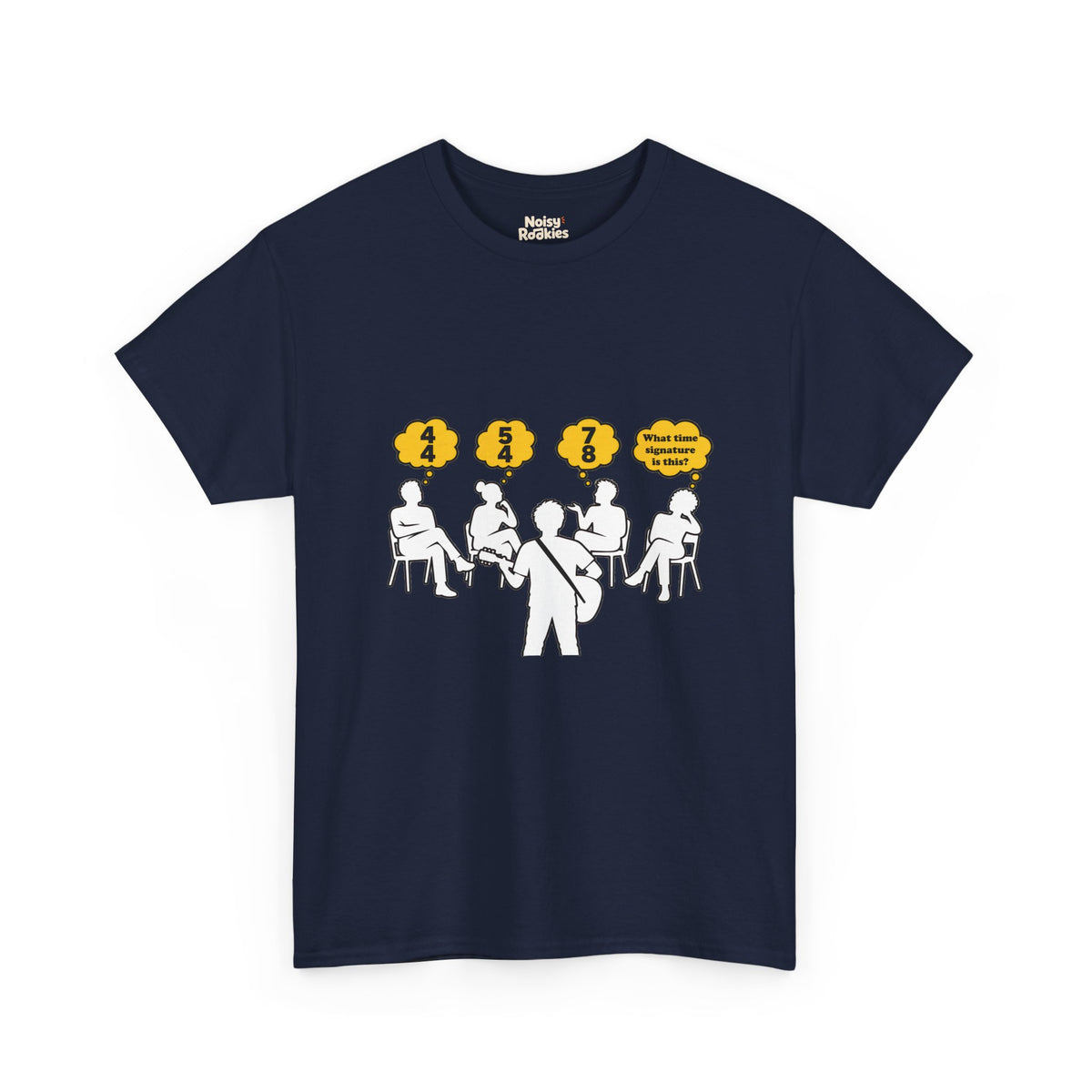 Cartoon of a guitarist seen from behind playing to four seated listeners, each with a yellow thought bubble reading 4/4, 5/4, 7/8, and a last one asking What time signature is this?