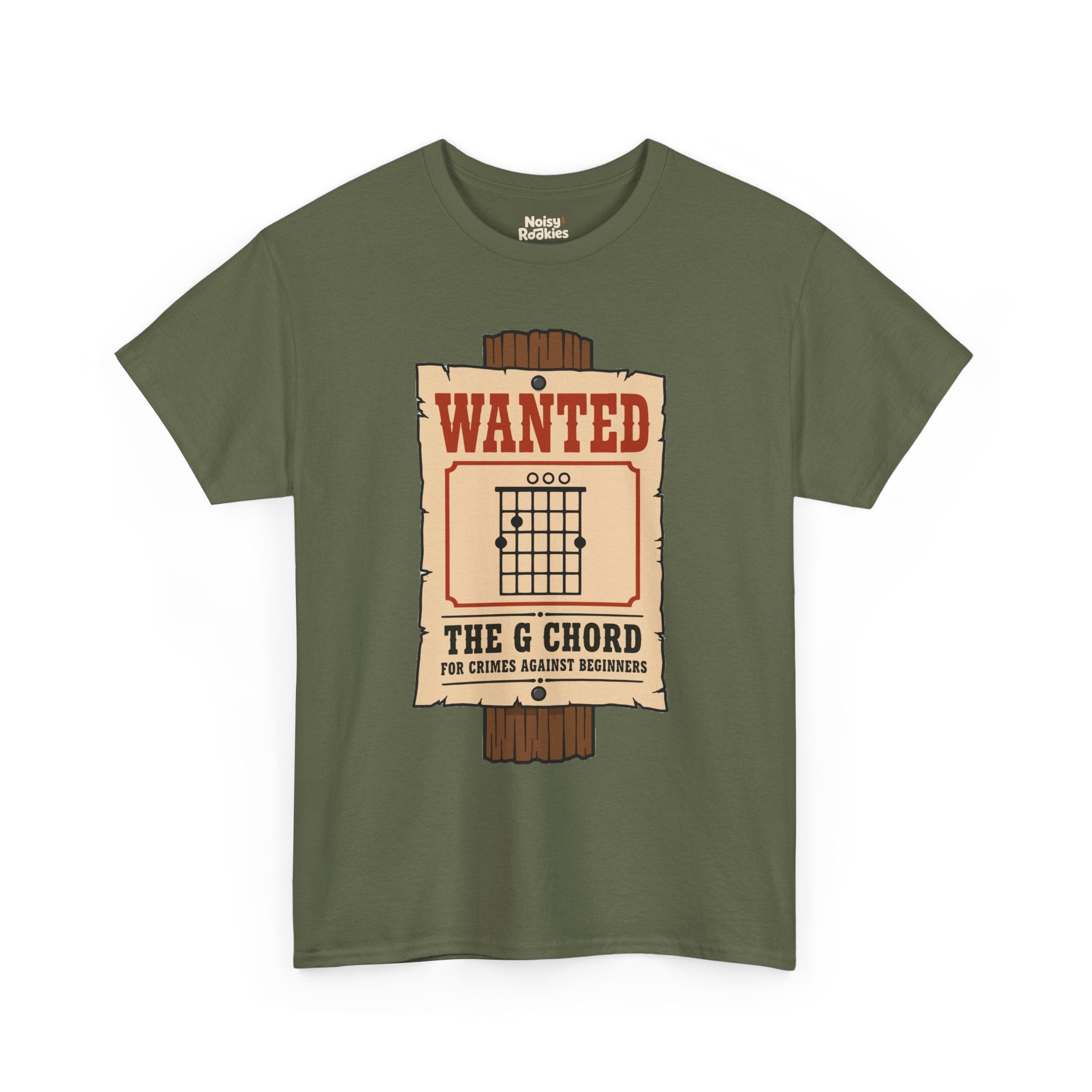 Vintage western wanted poster nailed to a wooden post, with a G major open guitar chord diagram as the mugshot and the words Wanted, The G Chord, For Crimes Against Beginners.