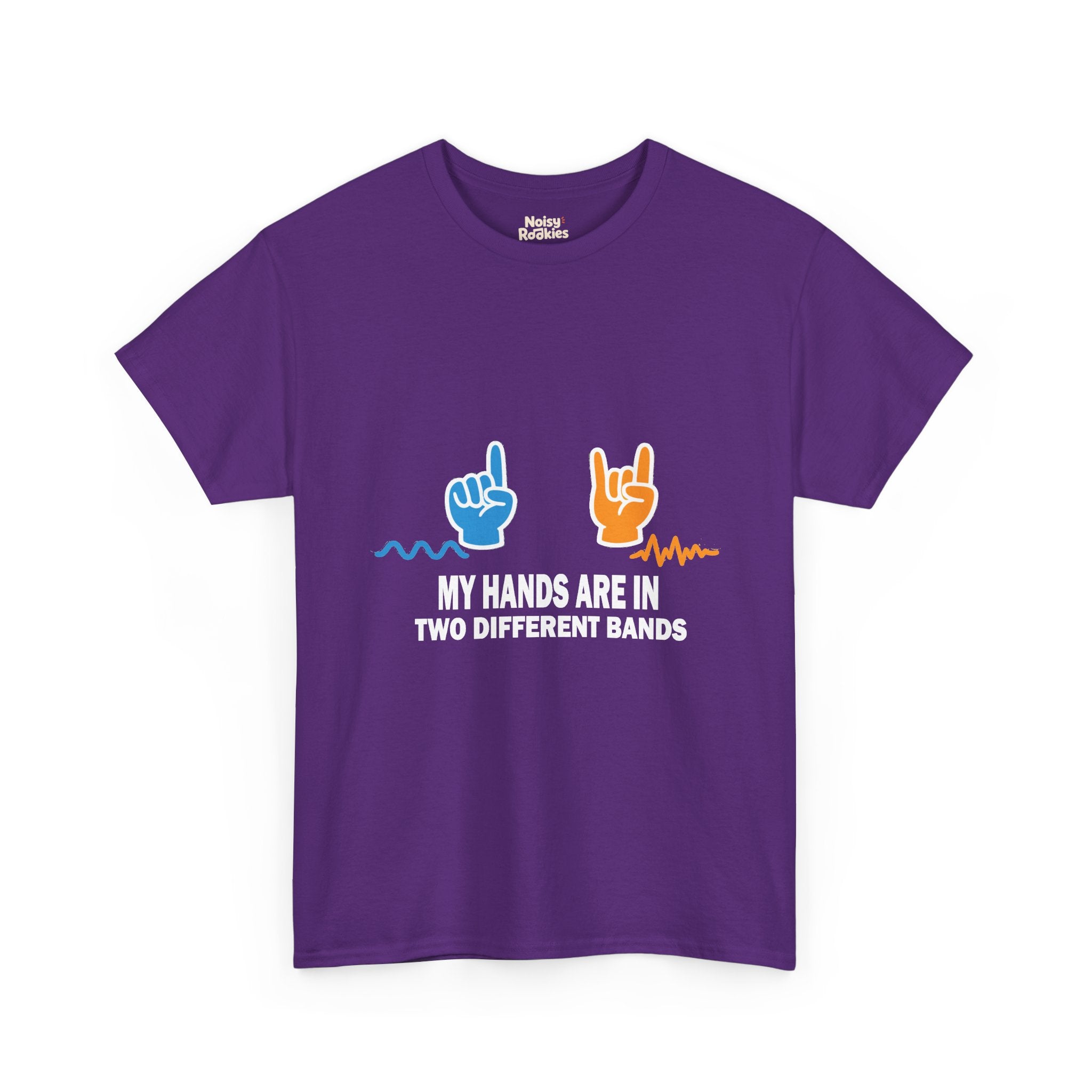 Light-ink t-shirt design of two hands making different gestures over two different sound waveforms, above the words My Hands Are in Two Different Bands.