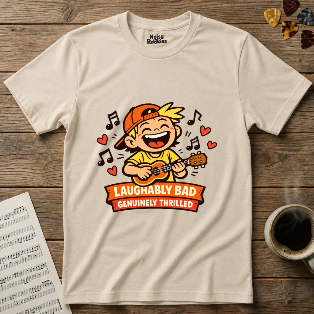 Laughably Bad, Genuinely Thrilled: Funny Beginner Ukulele T-Shirt