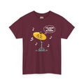 Dark-shirt design of a sad cartoon cymbal on a stand with a single tear, a thought bubble reading Still Waiting for My Big Moment, surrounded by music notes.
