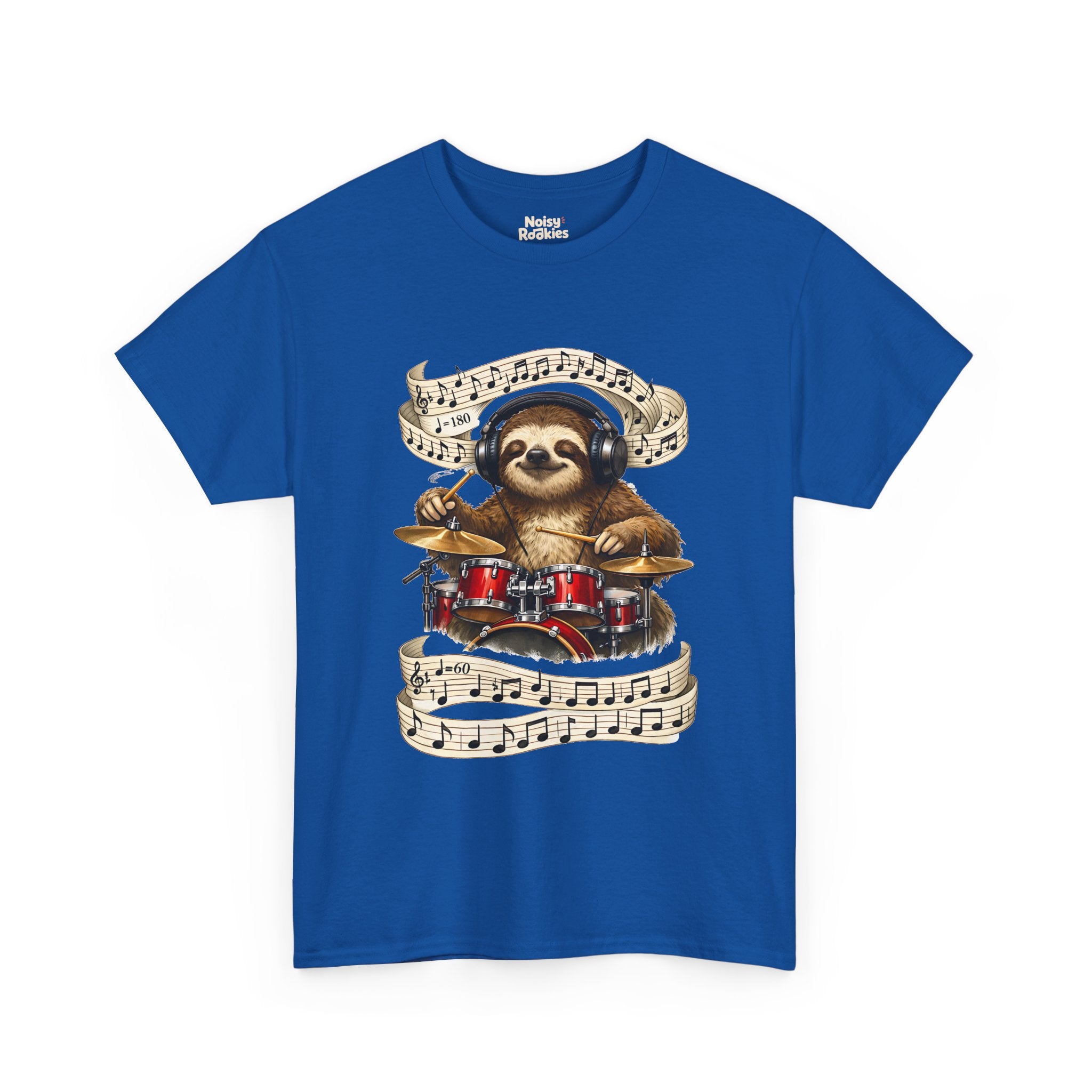 Illustration of a happy sloth wearing headphones, eyes closed and smiling, playing a bright red drum kit with drumsticks while ribbons of sheet music swirl around it, one marked 180 beats per minute and one marked 60.