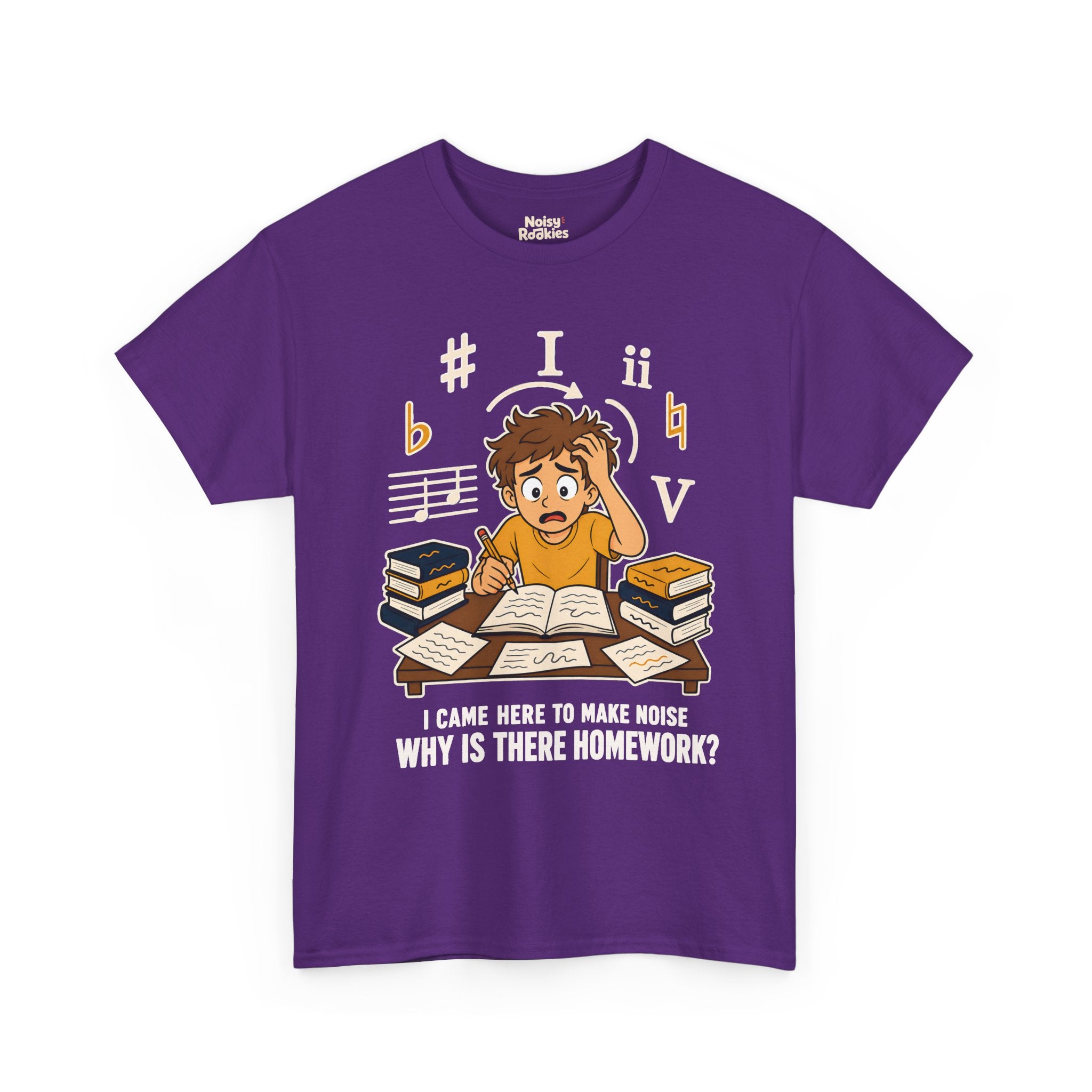 Cartoon illustration of an overwhelmed young beginner musician at a desk piled with theory books and loose papers, holding a pencil and gripping his hair, surrounded by oversized cream and gold music symbols including a sharp, a flat, a natural, the Roman numerals I, ii and V, and a staff fragment. Cream text below reads I came here to make noise, why is there homework?