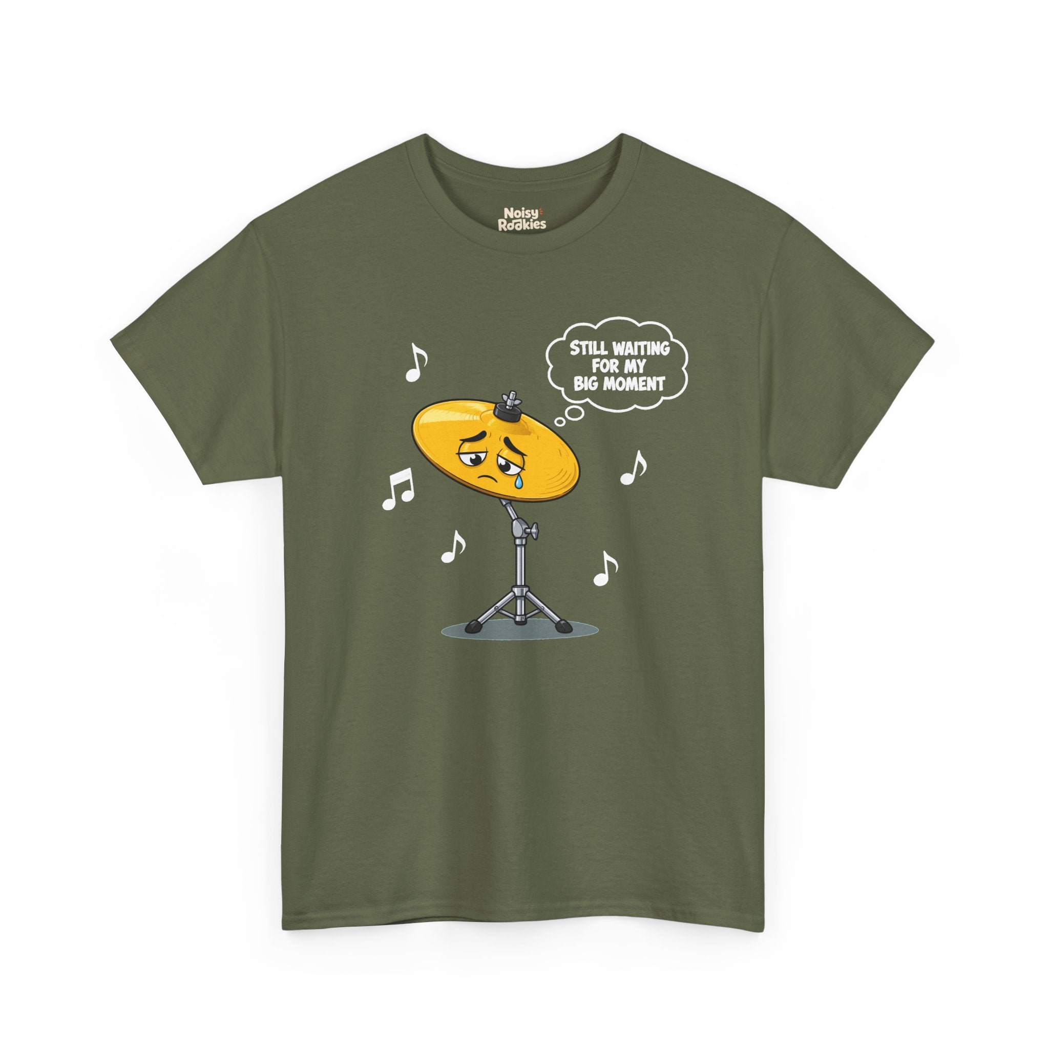 Dark-shirt design of a sad cartoon cymbal on a stand with a single tear, a thought bubble reading Still Waiting for My Big Moment, surrounded by music notes.